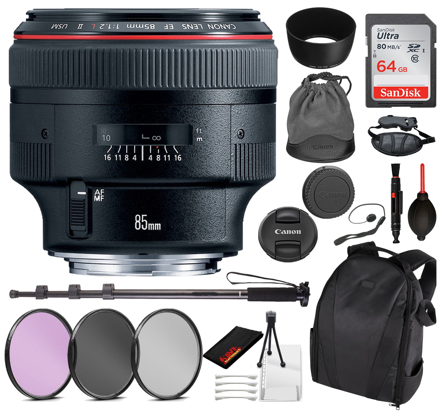 Canon EF 85mm f/1.2L II USM Lens with Essential Bundle Kit for Canon EOS - International Model No Warranty