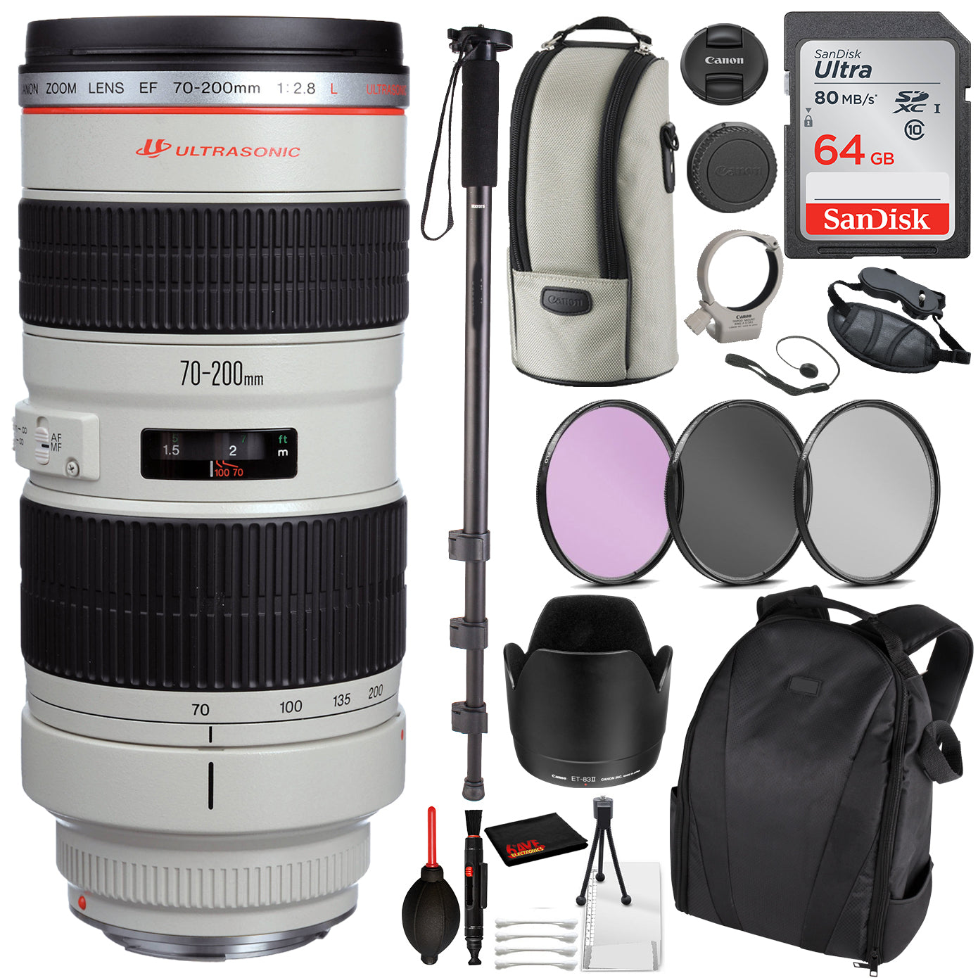 Canon EF 70-200mm f/2.8L USM Lens Essential Bundle Kit for Canon EOS - International Model No Warranty
