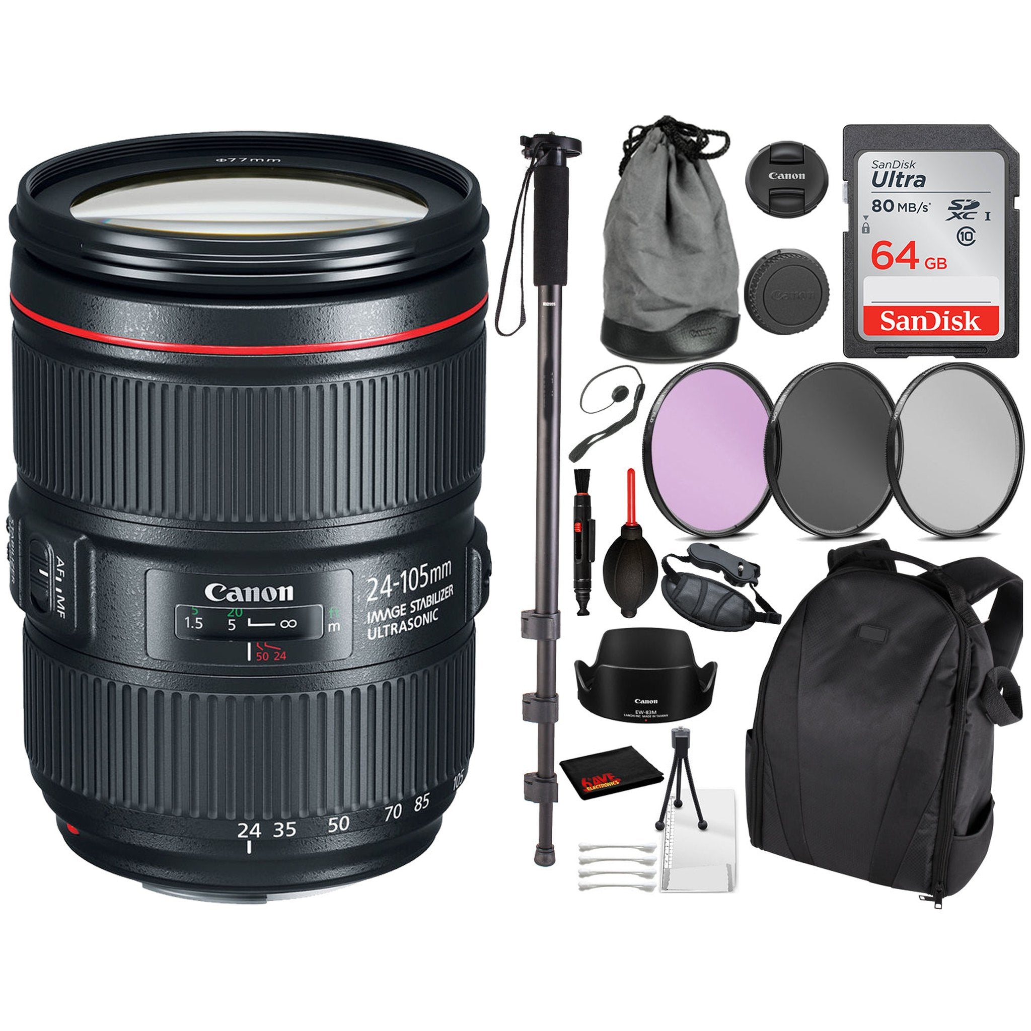 Canon EF 24-105mm f/4L IS II USM Lens Essential Bundle Kit for Canon EOS - International Model No Warranty