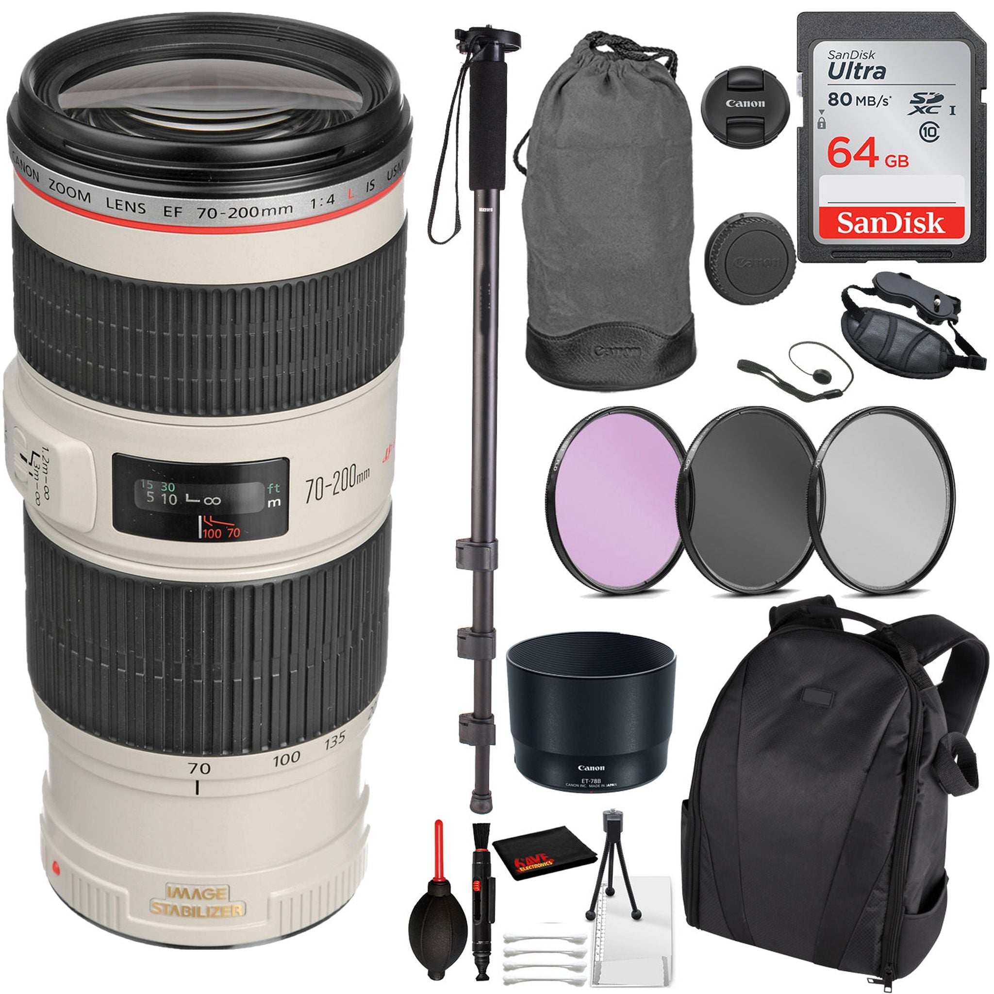 Canon EF 70-200mm f/4L IS USM Lens 1258B002 Essential Bundle Kit for Canon EOS - International Model No Warranty