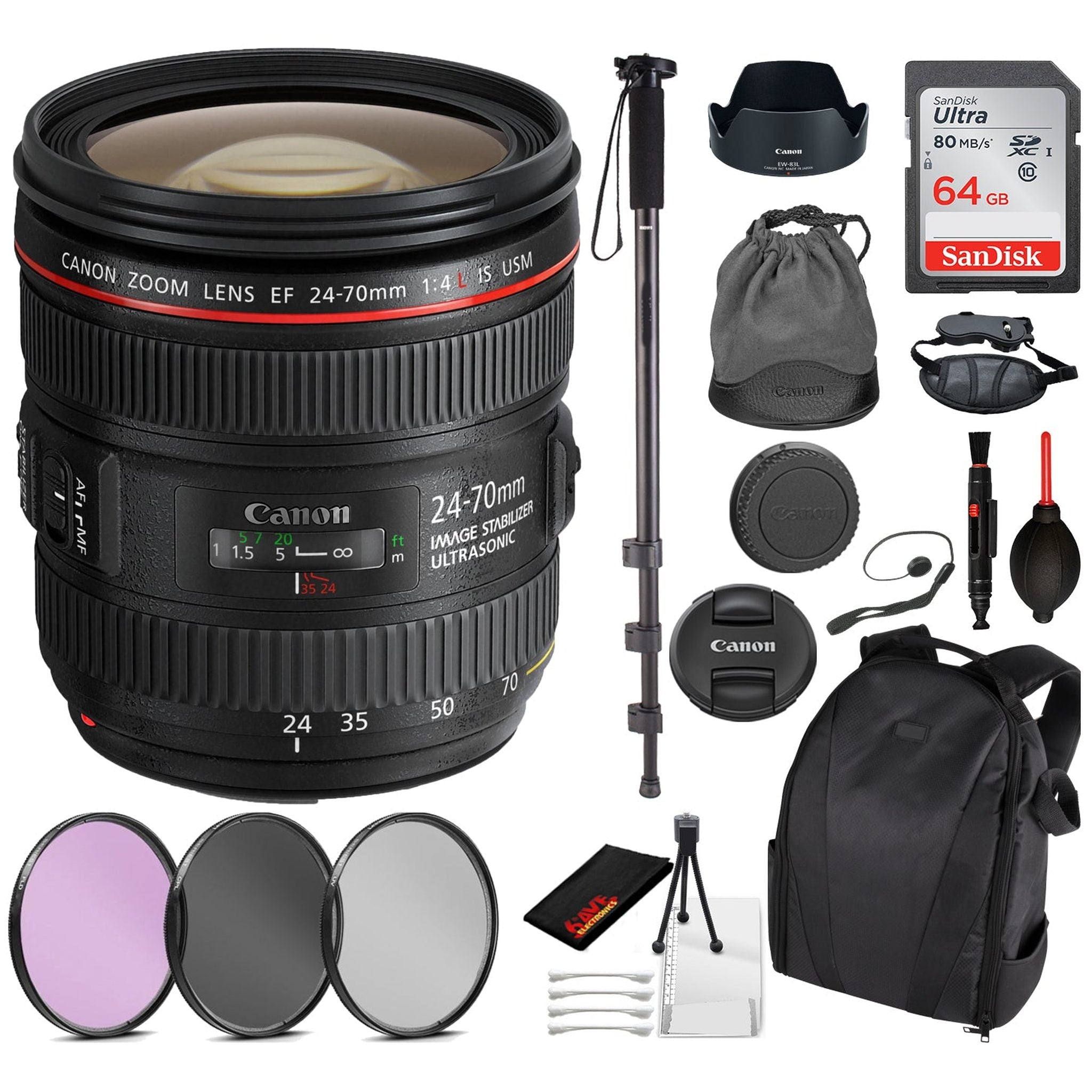 Canon EF 24-70mm f/4L IS USM Lens 6313B002 Essential Bundle for Canon EOS - International Model No Warranty