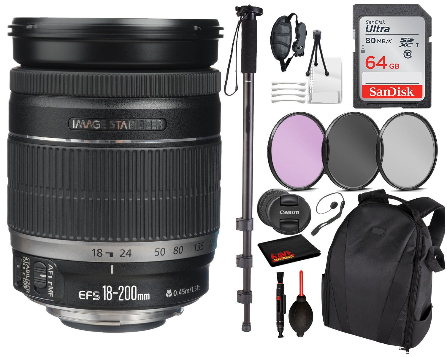 Canon EF-S 18-200mm f/3.5-5.6 IS Lens (2752B002) Essential Bundle Kit for Canon EOS - International Model No Warranty