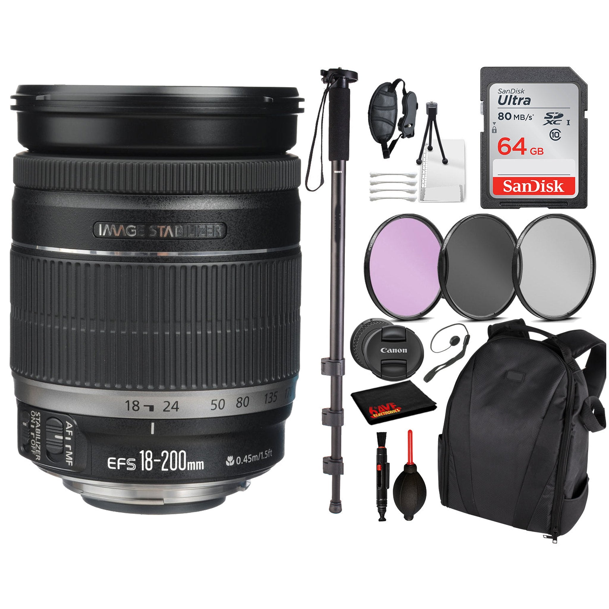 Canon EF-S 18-200mm f/3.5-5.6 IS Lens 2752B002 Essential Bundle Kit for Canon EOS - International Model No Warranty
