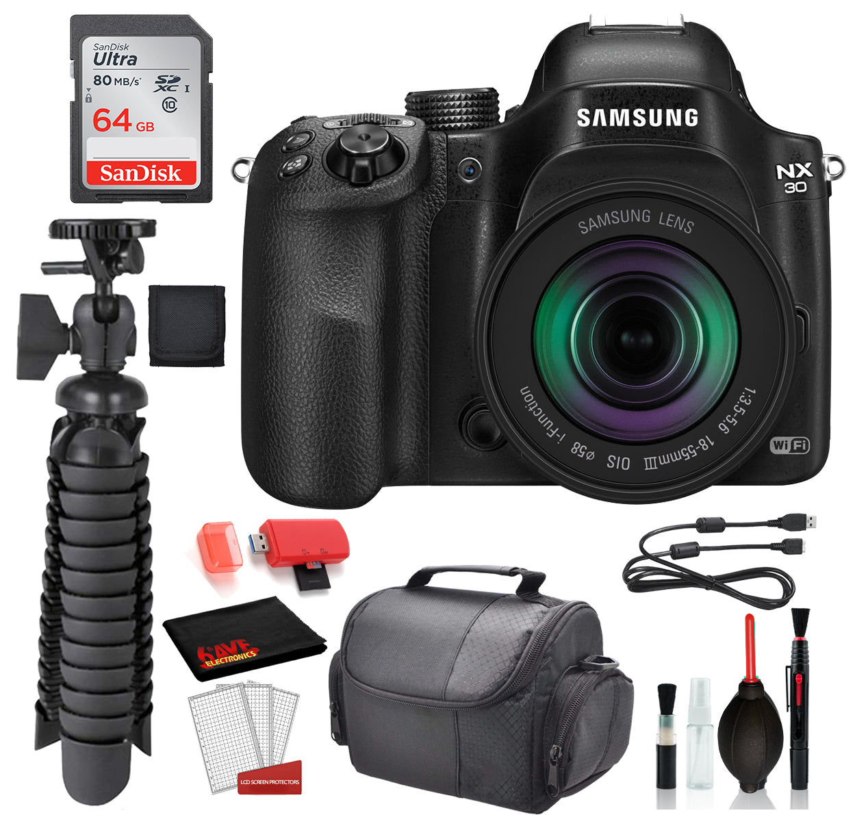 Samsung NX30 Mirrorless Digital Camera w/ 18-55mm f/3.5-5.6 OIS Lens  Essential Bundle  -Sandisk 64gb Micro SD + More