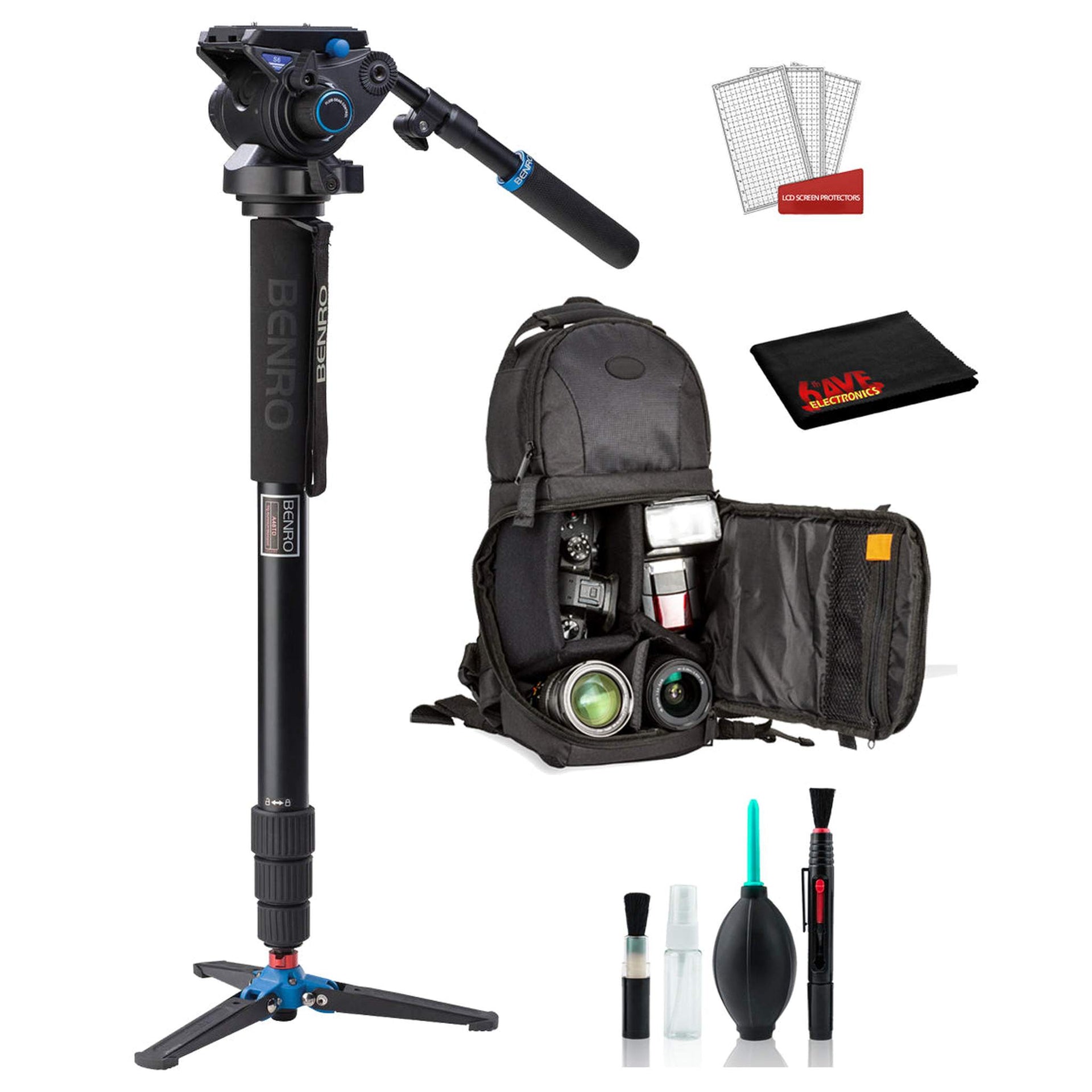 Benro A48TDS6 Series 4 Aluminum Monopod with 3-Leg Locking Base and S6 Video Head Bundle -DSLR Sling Backpack + More