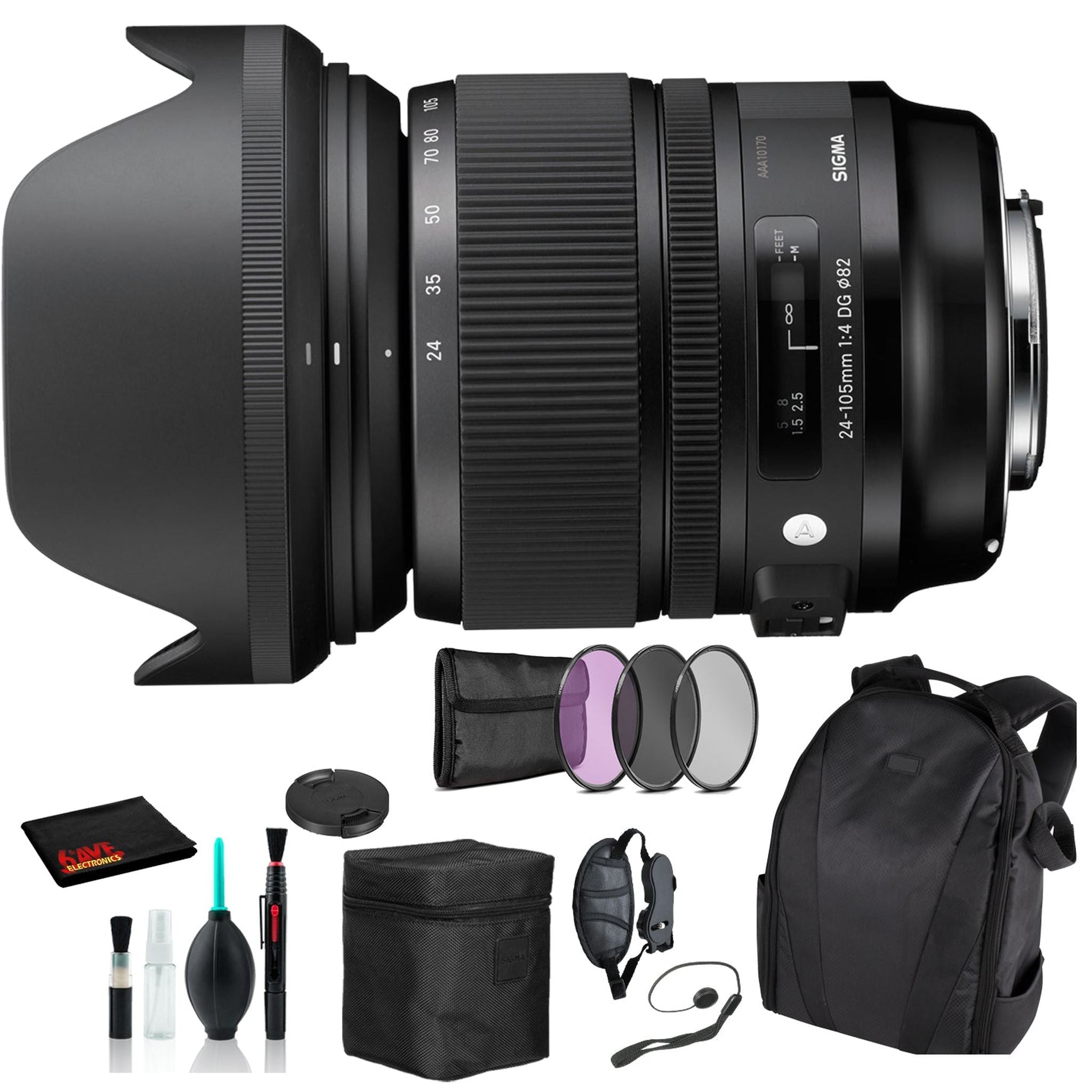 Sigma 24-105mm f/4 DG OS HSM Art Lens for Nikon F with Essential Bundle: Backpack + 3PC Filter + More Sigma