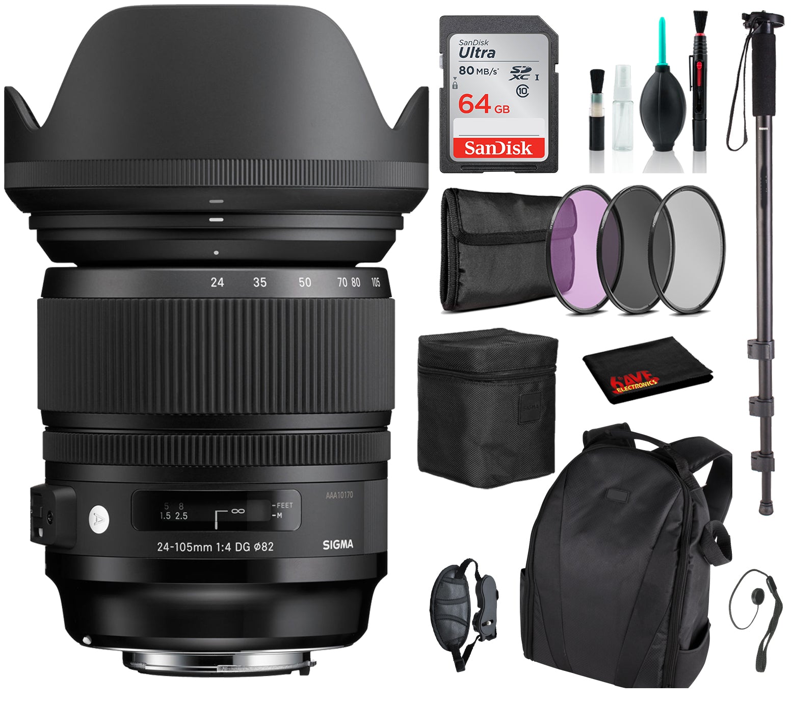 Sigma 24-105mm f/4 DG OS HSM Art Lens for Nikon F with Advance Bundle: Backpack + Sandisk 64gb SD+ More