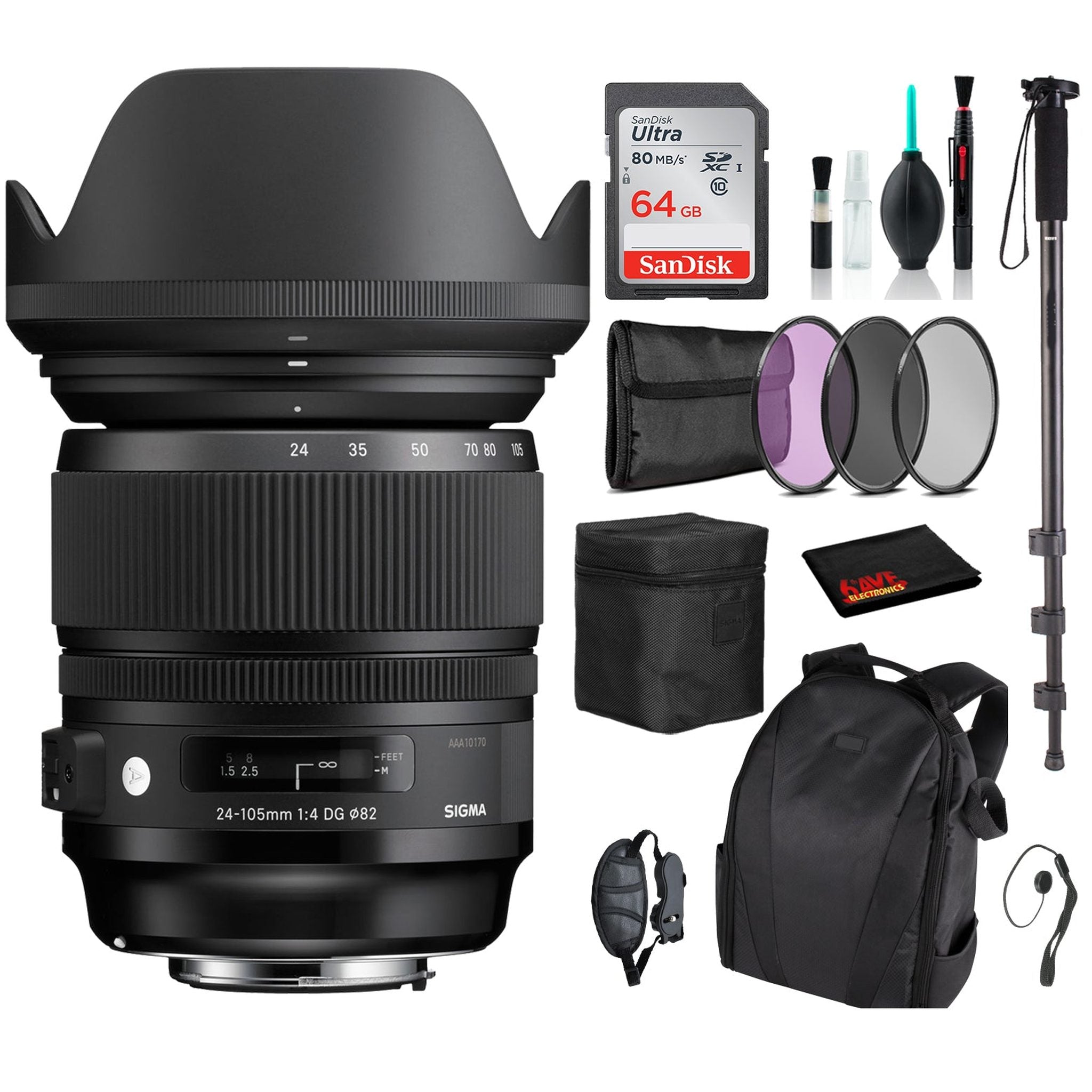 Sigma 24-105mm f/4 DG OS HSM Art Lens for Nikon F with Advance Bundle: Backpack + Sandisk 64gb SD+ More Sigma