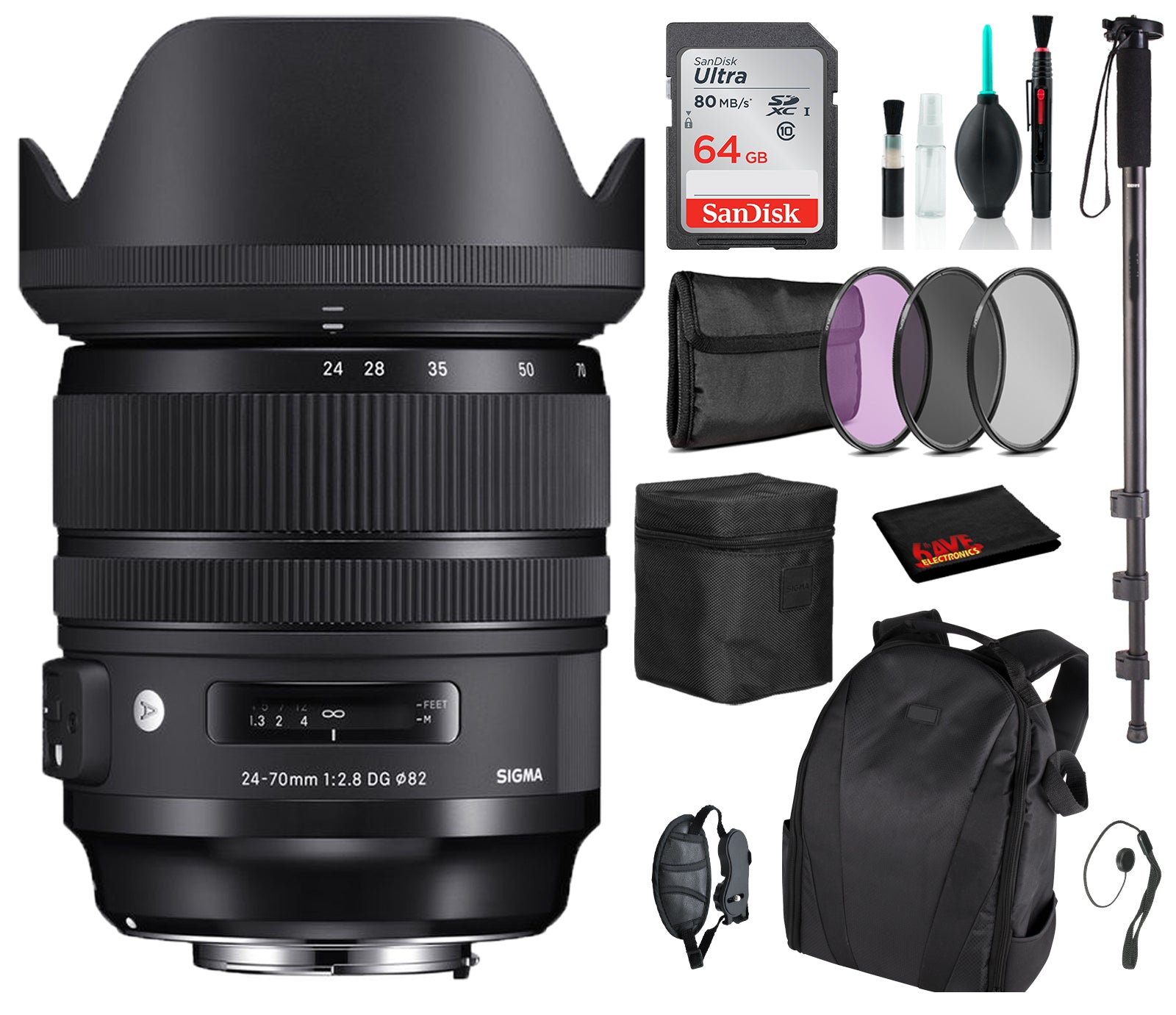 Sigma 24-70mm f/2.8 DG OS HSM Art Lens for Canon EF with Advance Bundle: Backpack + Sandisk 64gb SD+ More