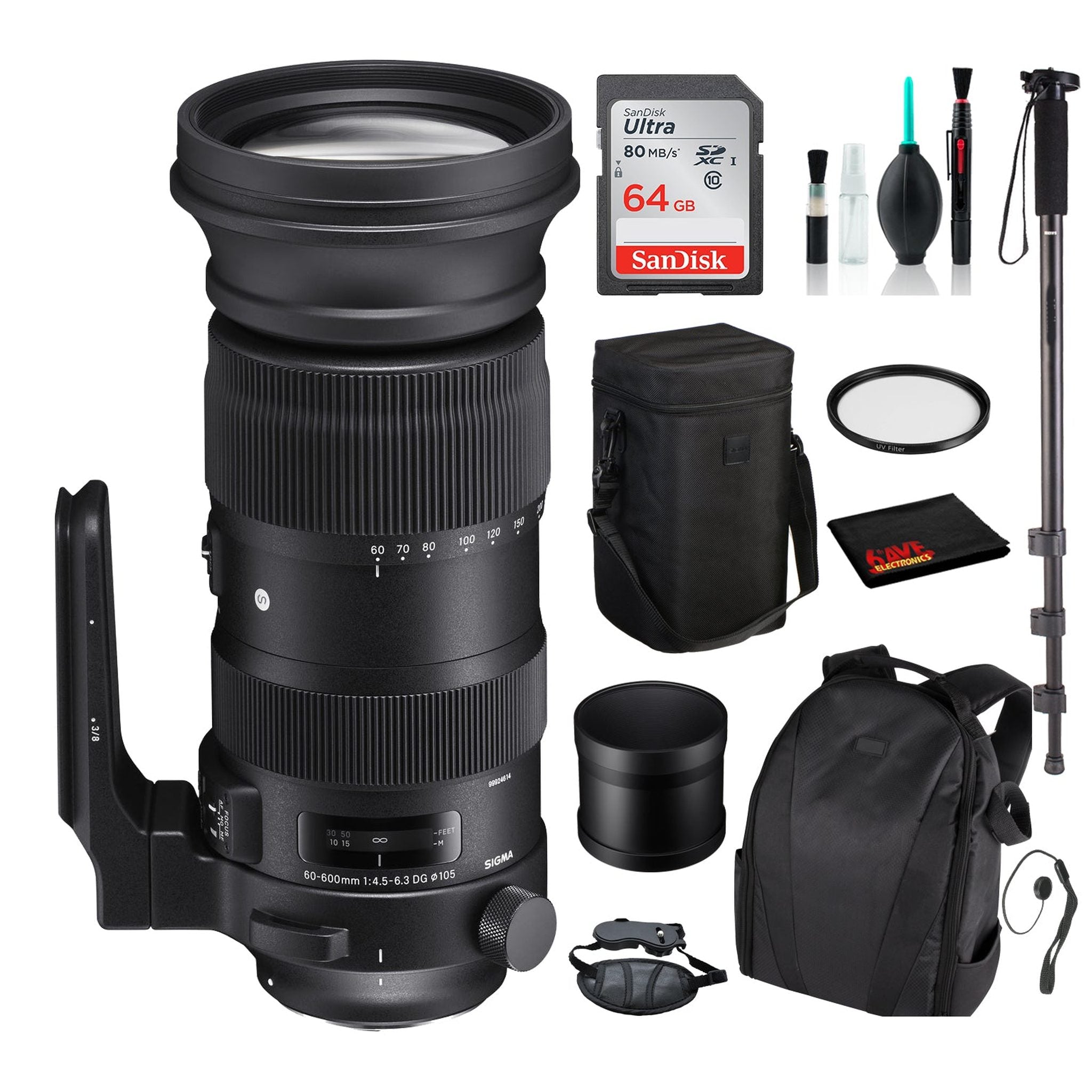Sigma 60-600mm f/4.5-6.3 DG OS HSM Sports Lens for Canon EF with Advance Bundle: Backpack + Sandisk 64gb SD+ More Sigma