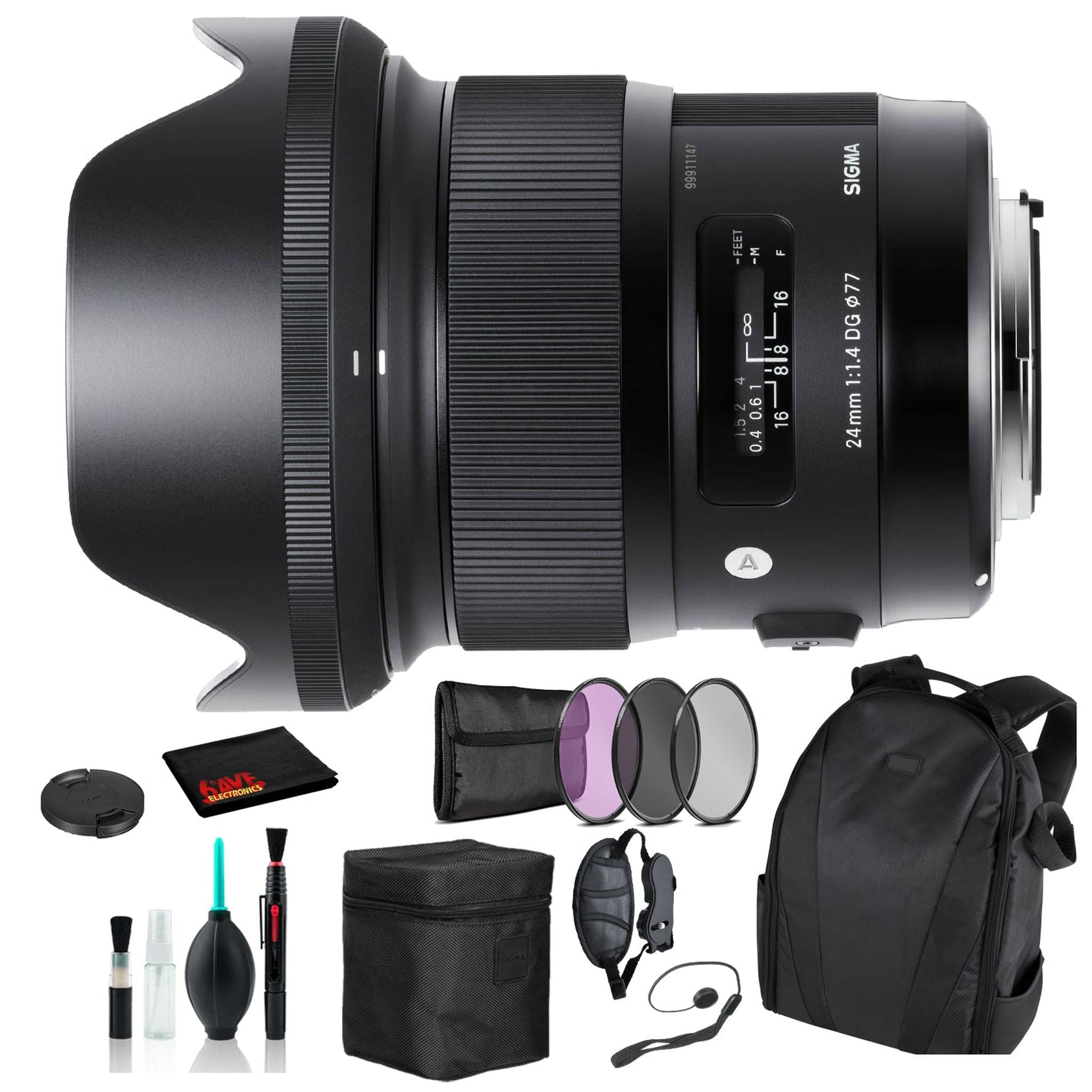 Sigma 24mm f/1.4 DG HSM Art Lens for Nikon F with Essential Bundle: Backpack + 3PC Filter + More Sigma