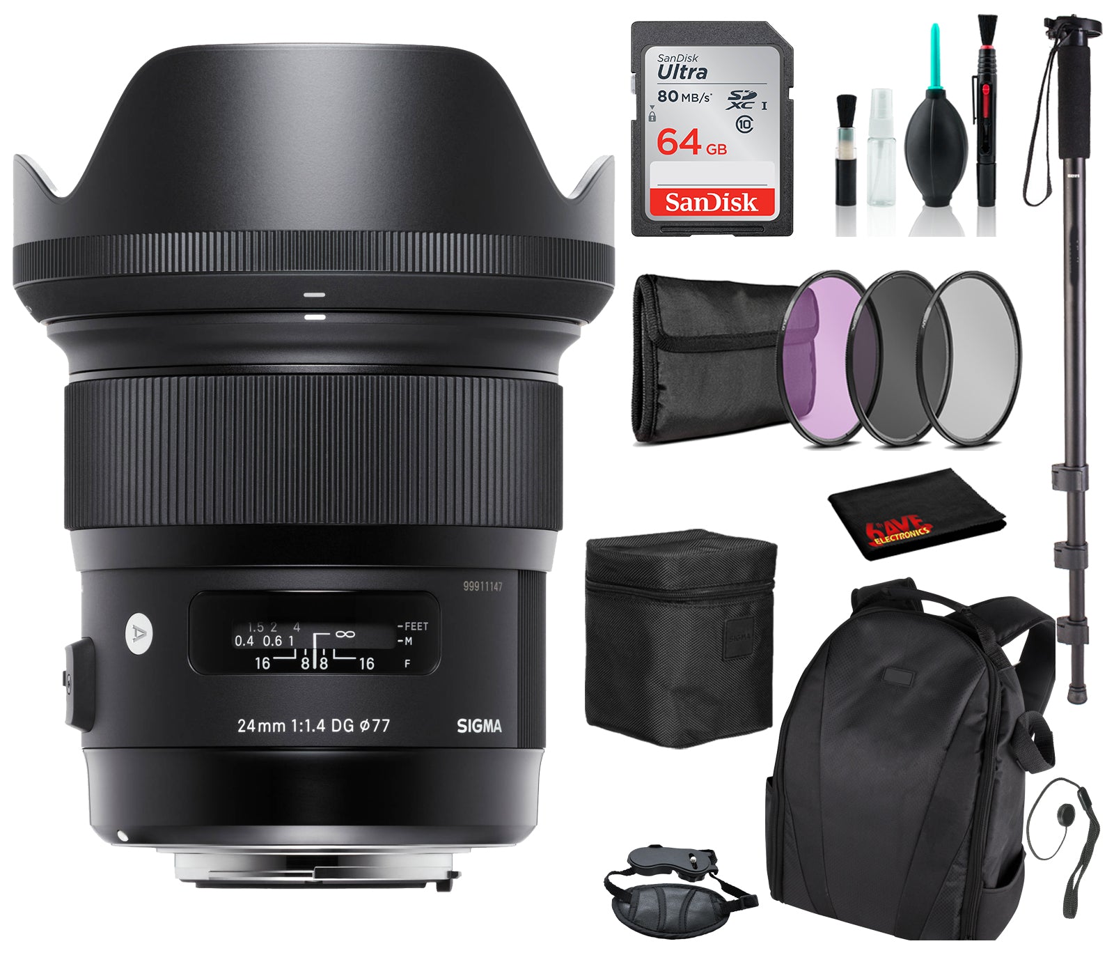 Sigma 24mm f/1.4 DG HSM Art Lens for Nikon F with Advance Bundle: Backpack + Sandisk 64gb SD+ More