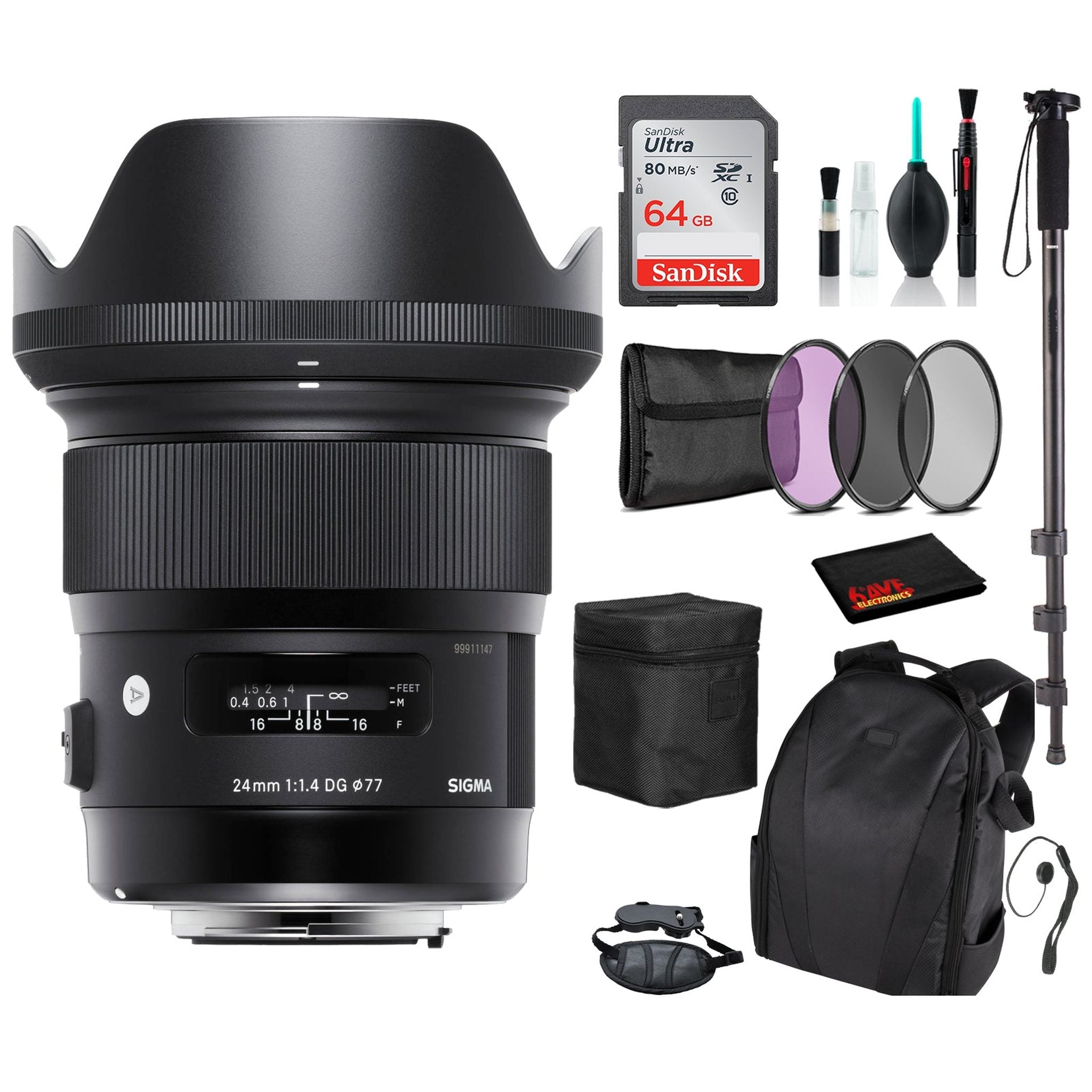 Sigma 24mm f/1.4 DG HSM Art Lens for Nikon F with Advance Bundle: Backpack + Sandisk 64gb SD+ More Sigma