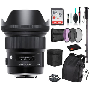 Sigma 24mm f/1.4 DG HSM Art Lens for Nikon F with Advance Bundle: Backpack + Sandisk 64gb SD+ More Sigma