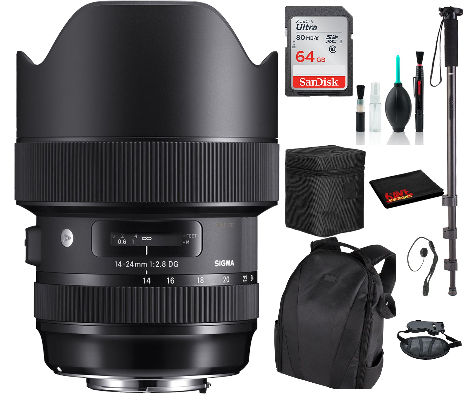 Sigma 14-24mm f/2.8 DG HSM Art Lens for Nikon F with Advance Bundle: Backpack + Sandisk 64gb SD+ More