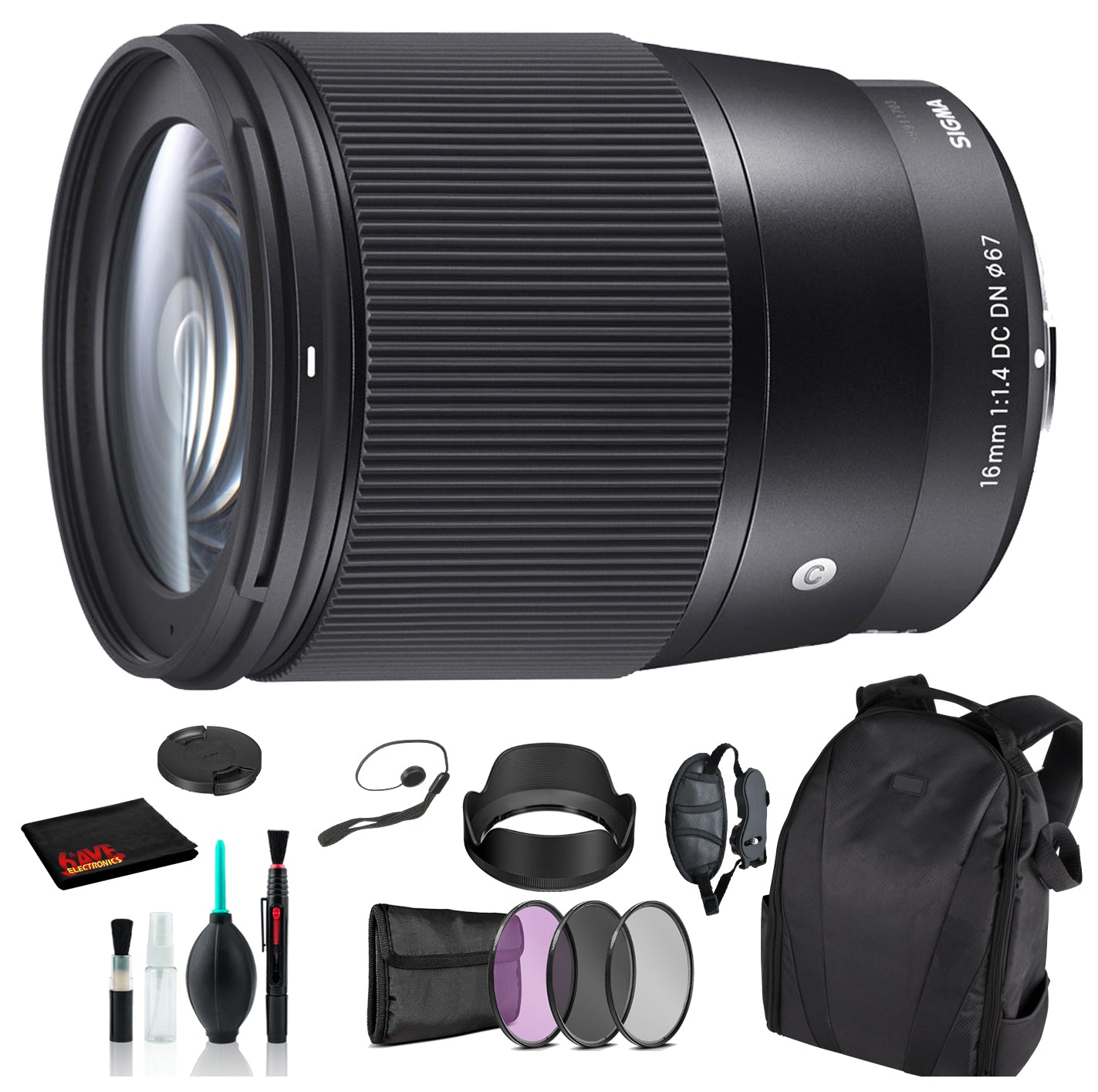 Sigma 16mm f/1.4 DC DN Contemporary Lens for Micro Four Thirds with Essential Bundle: Backpack + 3PC Filter + More