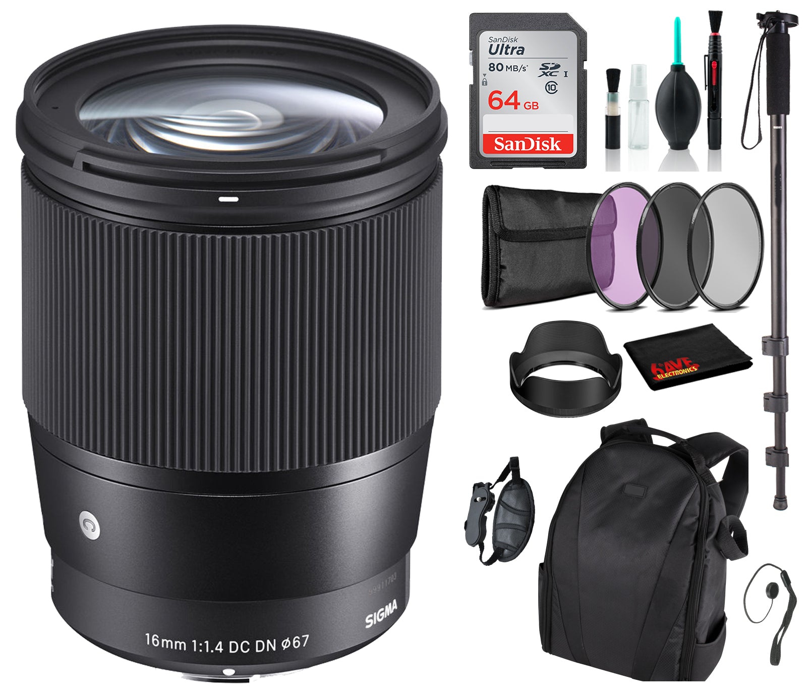 Sigma 16mm f/1.4 DC DN Contemporary Lens for Micro Four Thirds with Advance Bundle: Backpack + Sandisk 64gb SD+ More