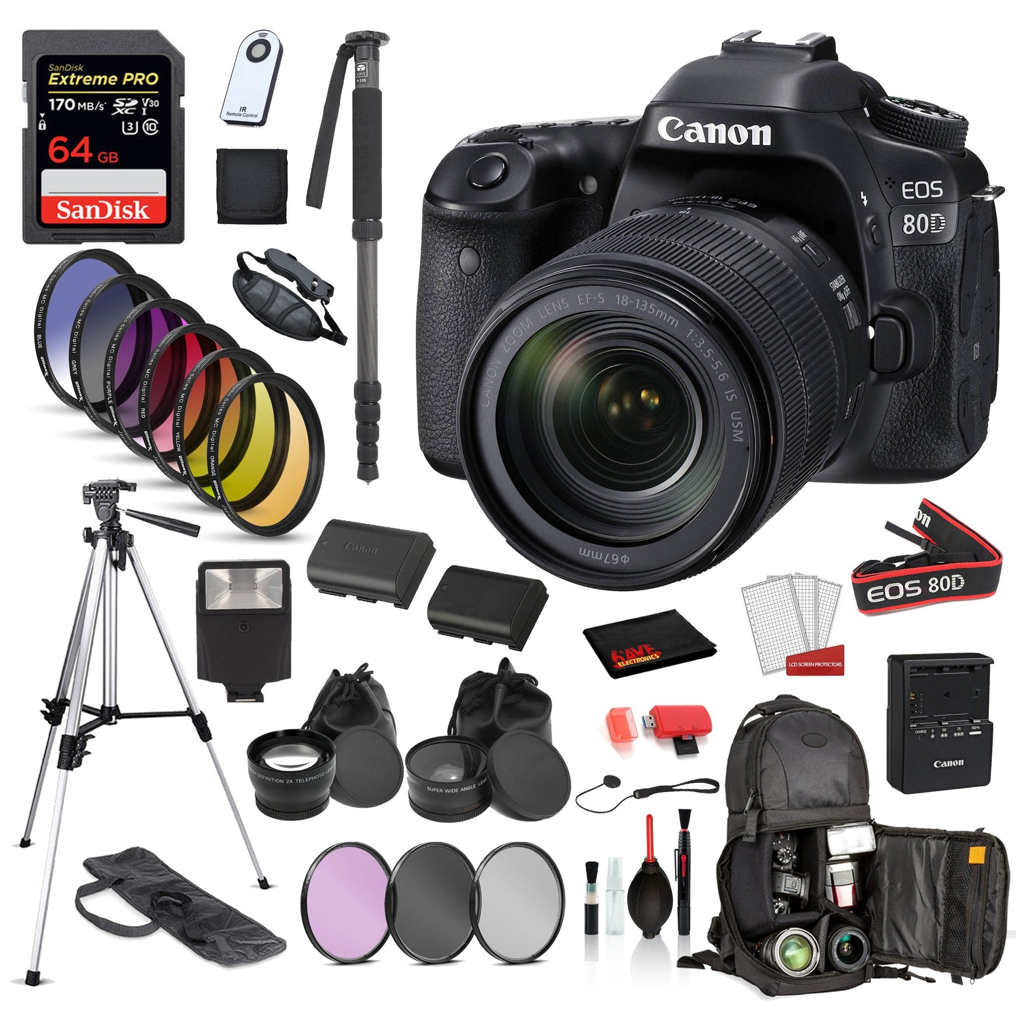 Canon EOS 80D DSLR Camera with 18-135mm Lens with ?SanDisk Extreme Pro 64gb SD + Extra Battery for LPE6 + MORE CANON