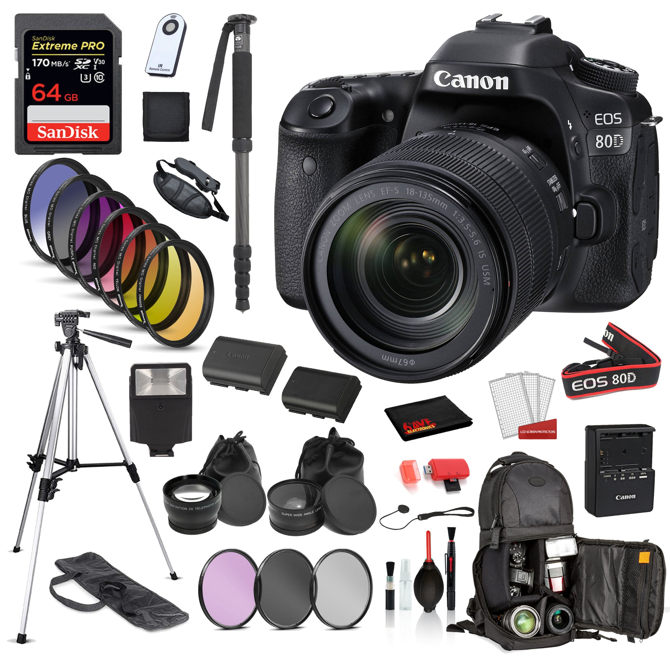 Canon EOS 80D DSLR Camera with 18-135mm Lens with  ?SanDisk Extreme Pro 64gb SD + Extra Battery for LPE6 + MORE