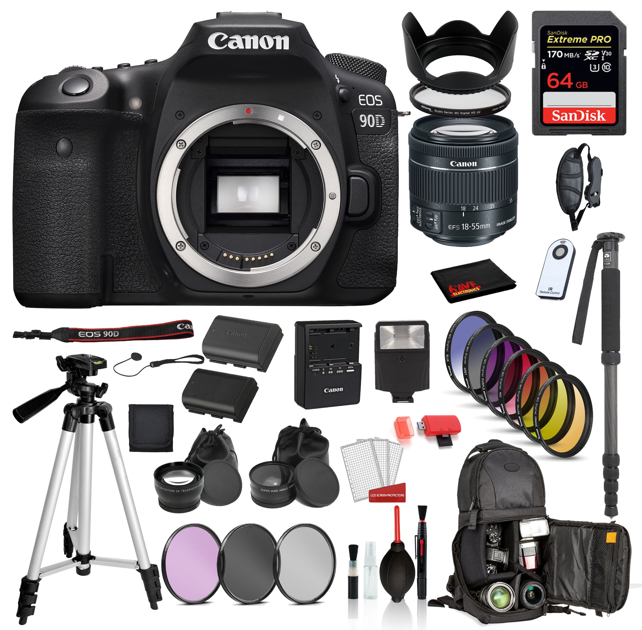 Canon EOS 90D Digital SLR Camera with EF-S 18-55mm is STM Lens : SanDisk Extreme Pro 64gb SD +  Battery for LPE6 + MORE