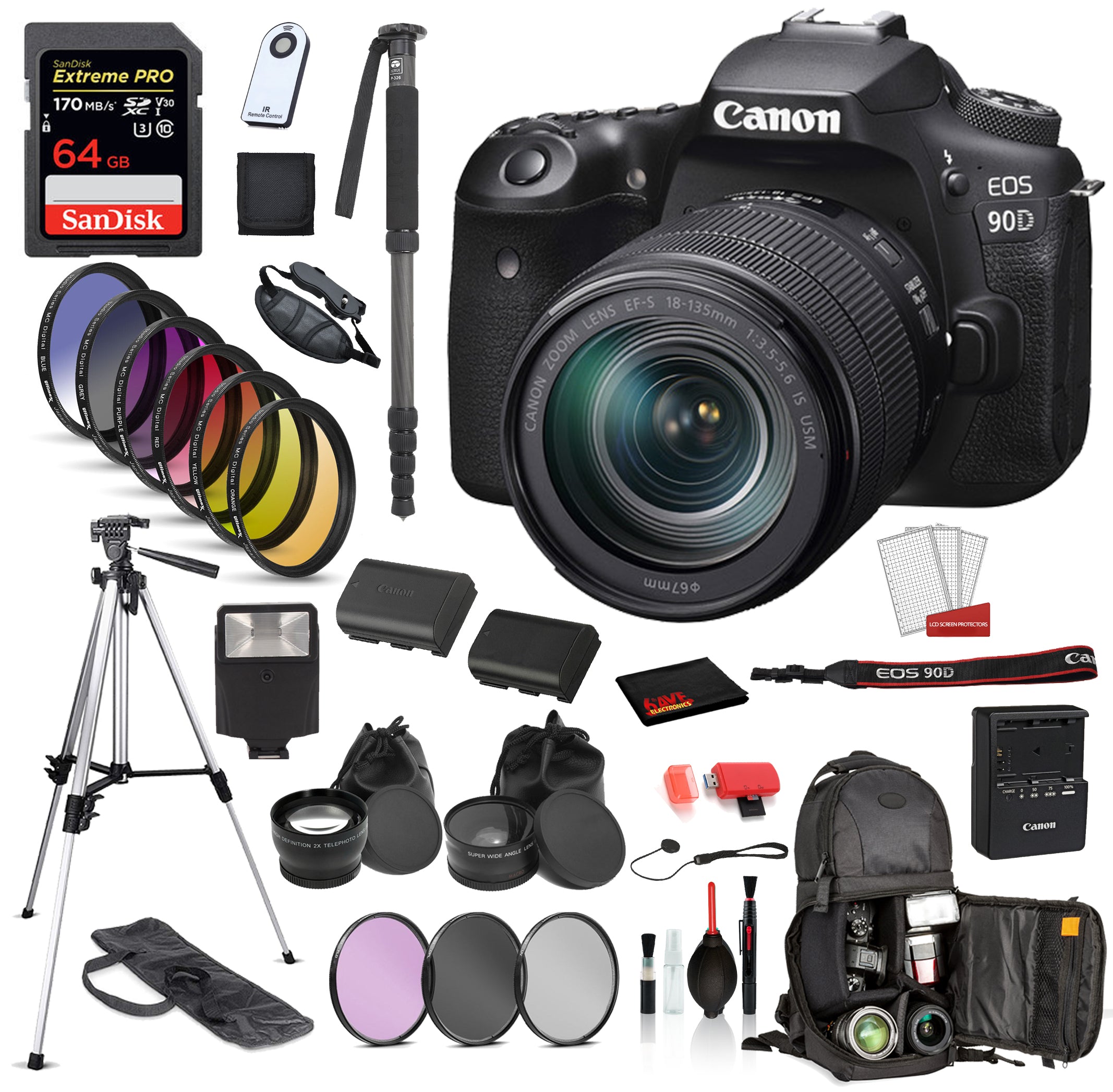 Canon EOS 90D DSLR Camera with 18-135mm Lens  Bundle: SanDisk Extreme Pro 64gb SD + Battery for LPE6 + MORE