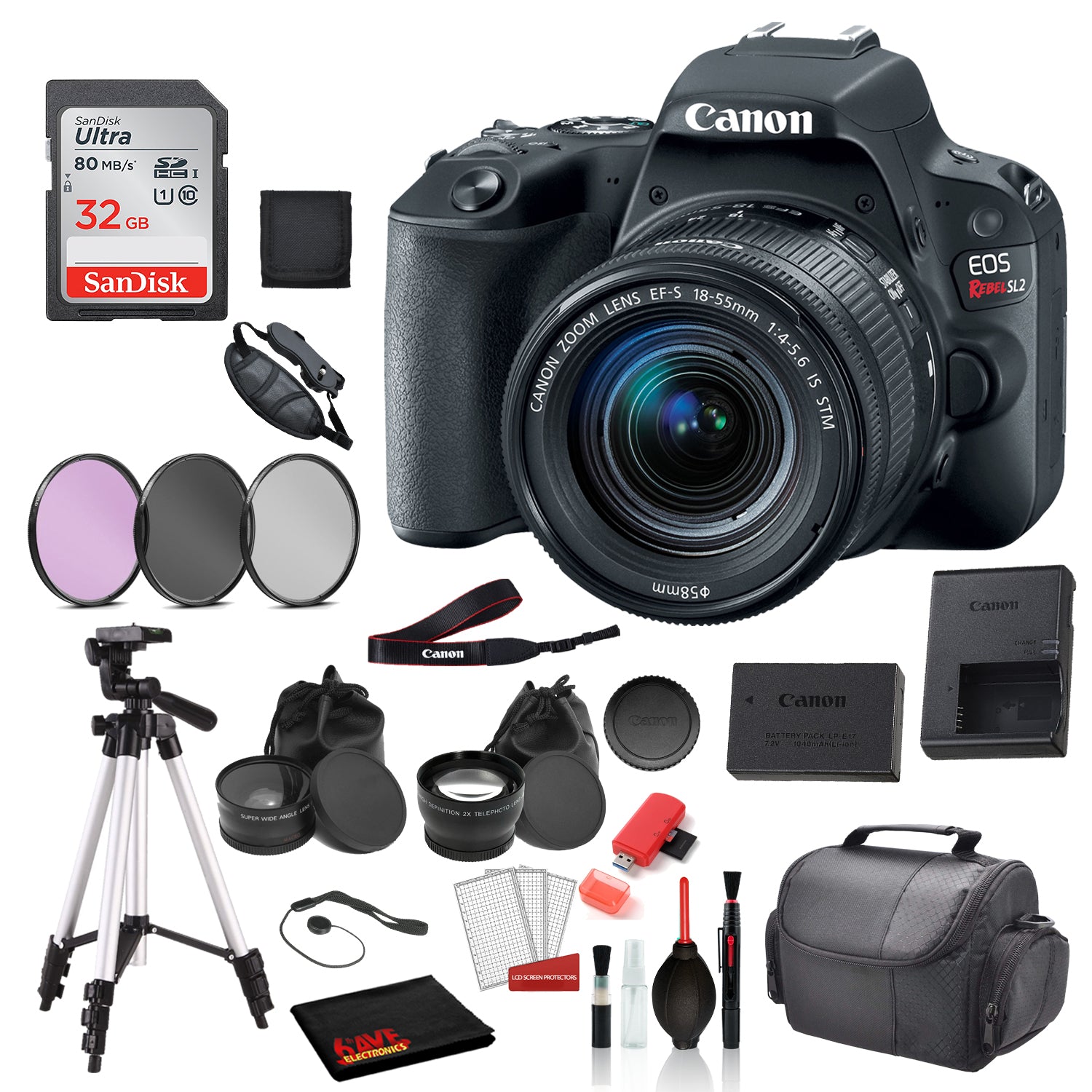 Canon EOS REBEL SL2 DSLR Camera with 18-55mm IS STM Lens  � SanDisk 32gb SD Card + 3PC Filter Kit + 57� Tripod + MORE