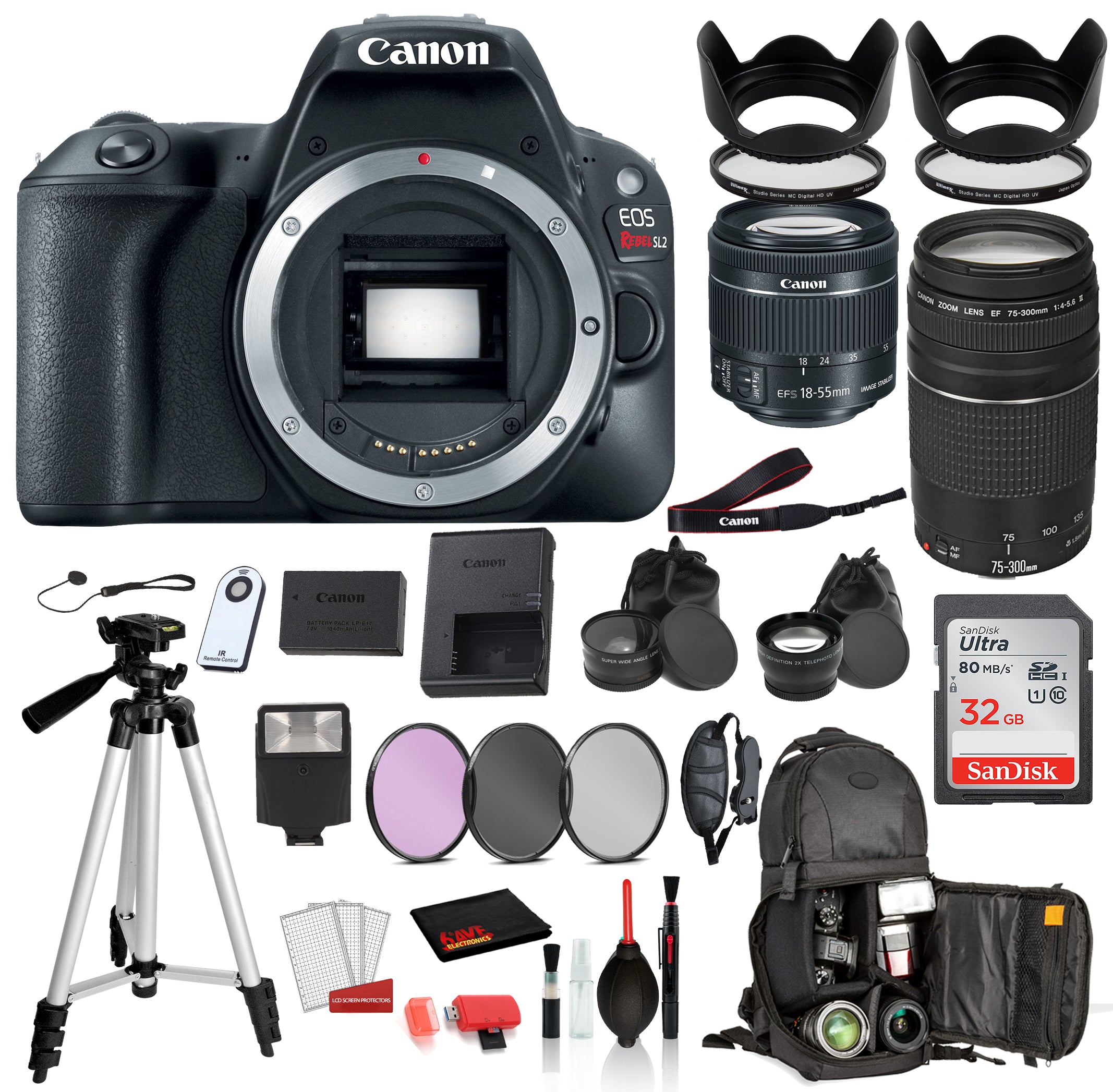 Canon EOS REBEL SL2 DSLR Camera EF-S 18-55mm is STM and EF 75-300MM Lens  ? SanDisk 32gb SD Card + 3PC Filter Kit + MORE