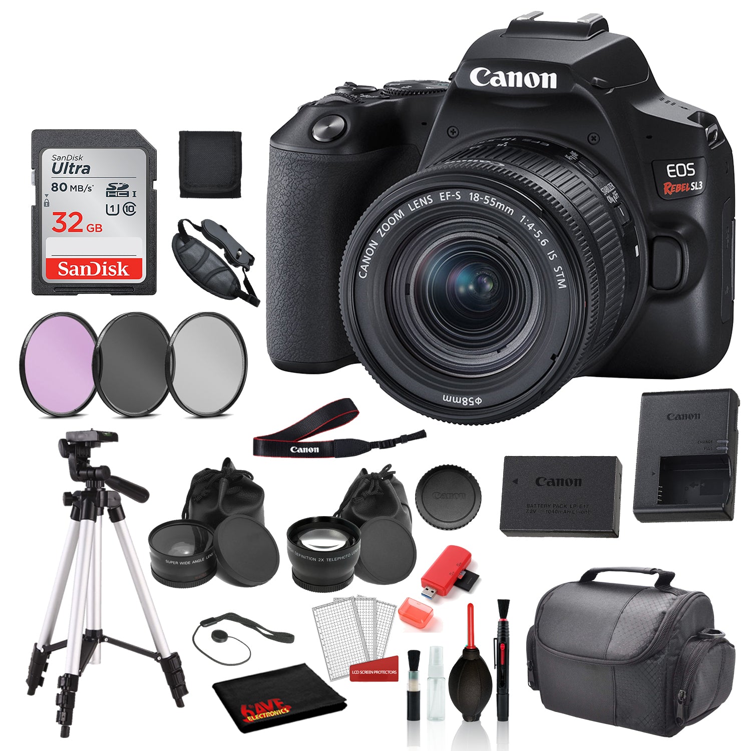 Canon EOS Rebel SL3 Digital SLR Camera with 18-55mm Lens Bundle + SanDisk 32gb SD Card + 3PC Filter Kit + MORE