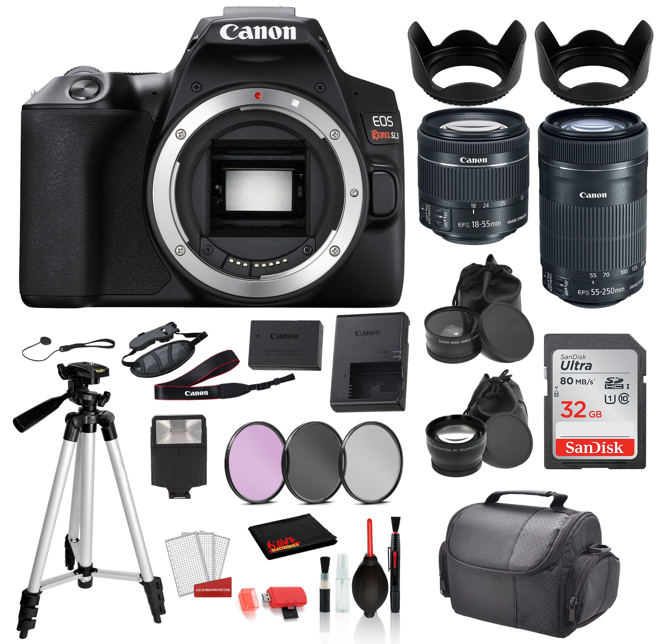 Canon EOS Rebel SL3 Digital SLR Camera with 18-55mm Lens + EF-S 55-250mm Lens Bundle: SanDisk 32gb SD +  Filters + MORE
