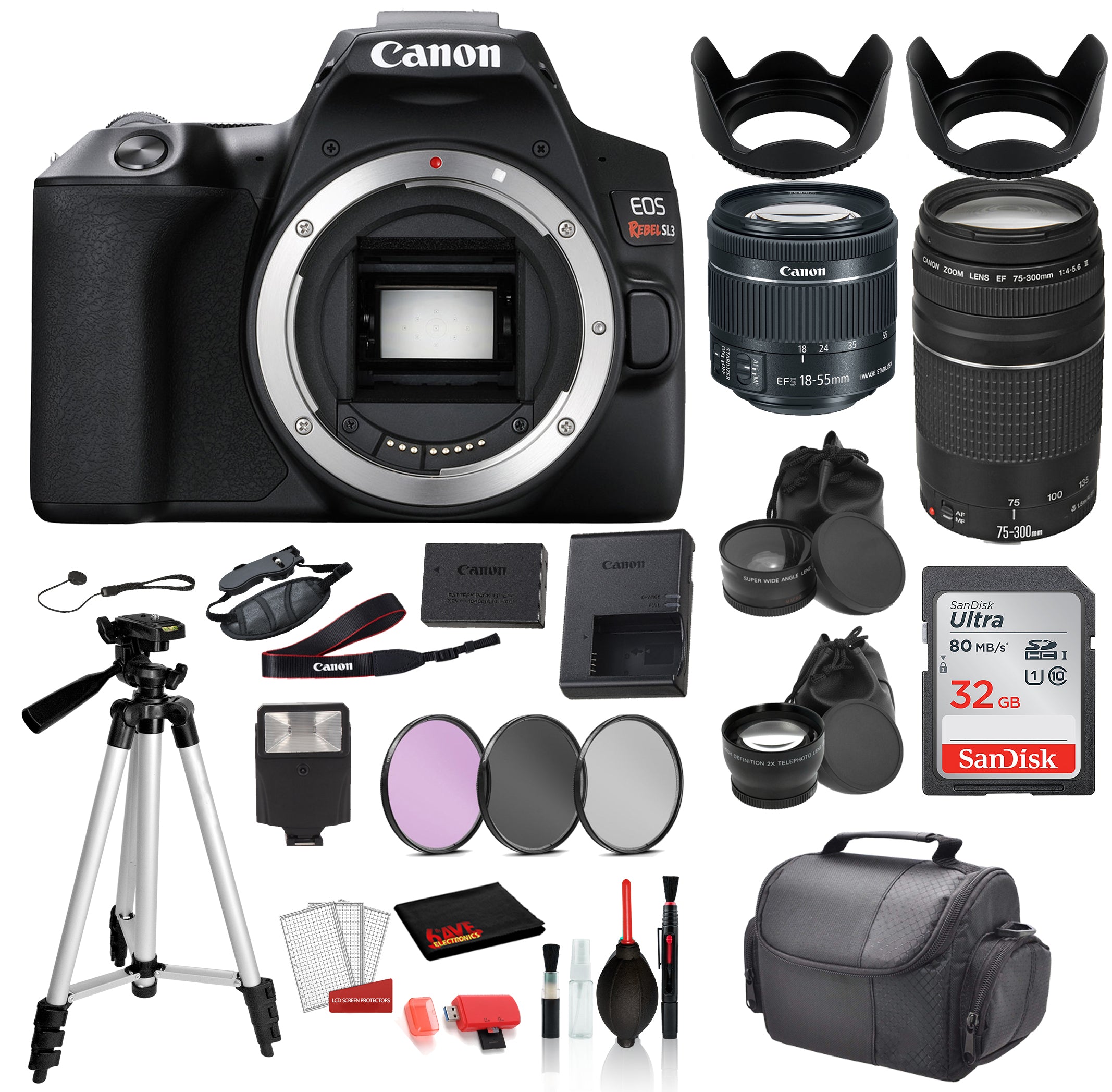 Canon EOS Rebel SL3 Digital SLR Camera with 18-55mm Lens and EF 75-300mm Lens  Bundle + SanDisk 32gb SD + Filters + MORE