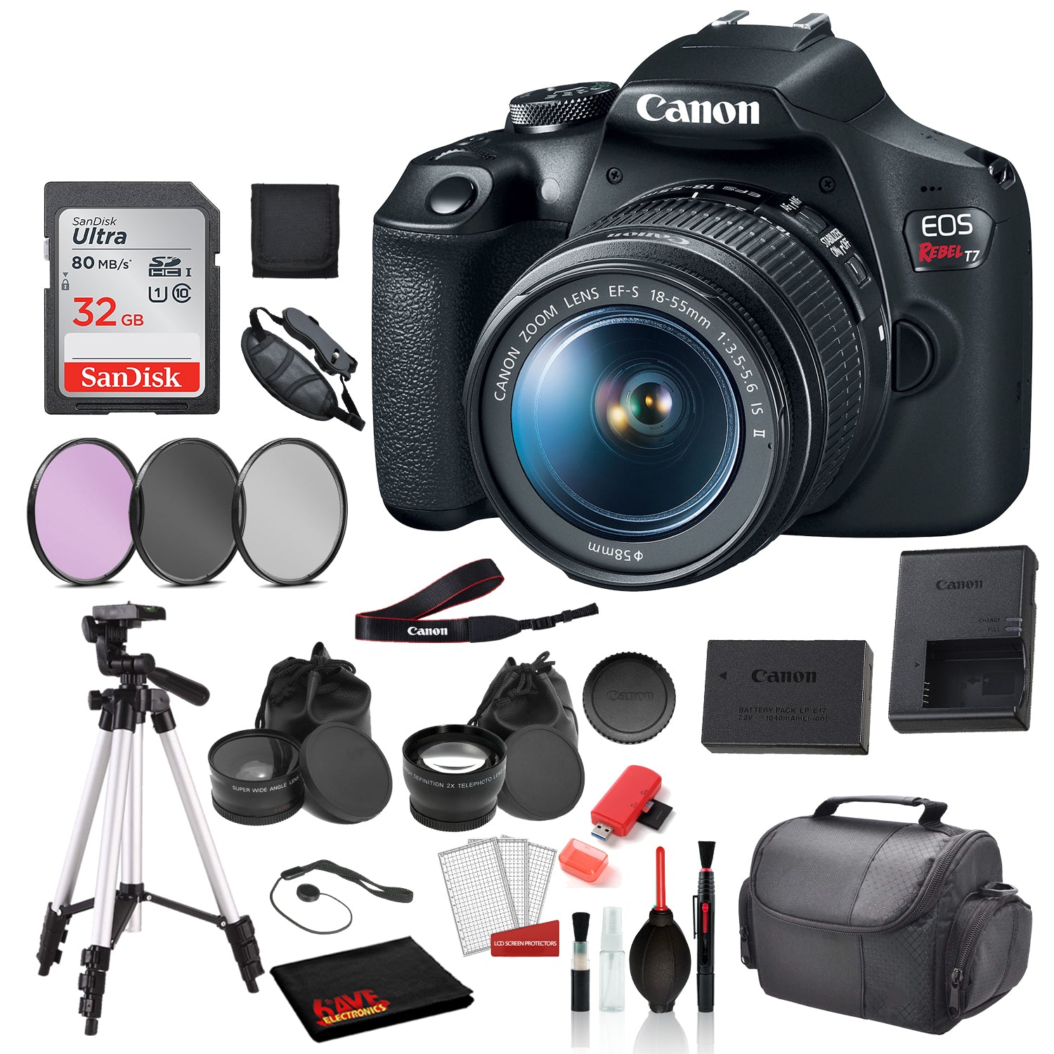 Canon EOS Rebel T7 Digital SLR Camera with 18-55mm Lens SanDisk 32gb SD + 3PC Filter Kit + 57 Tripod + MORE