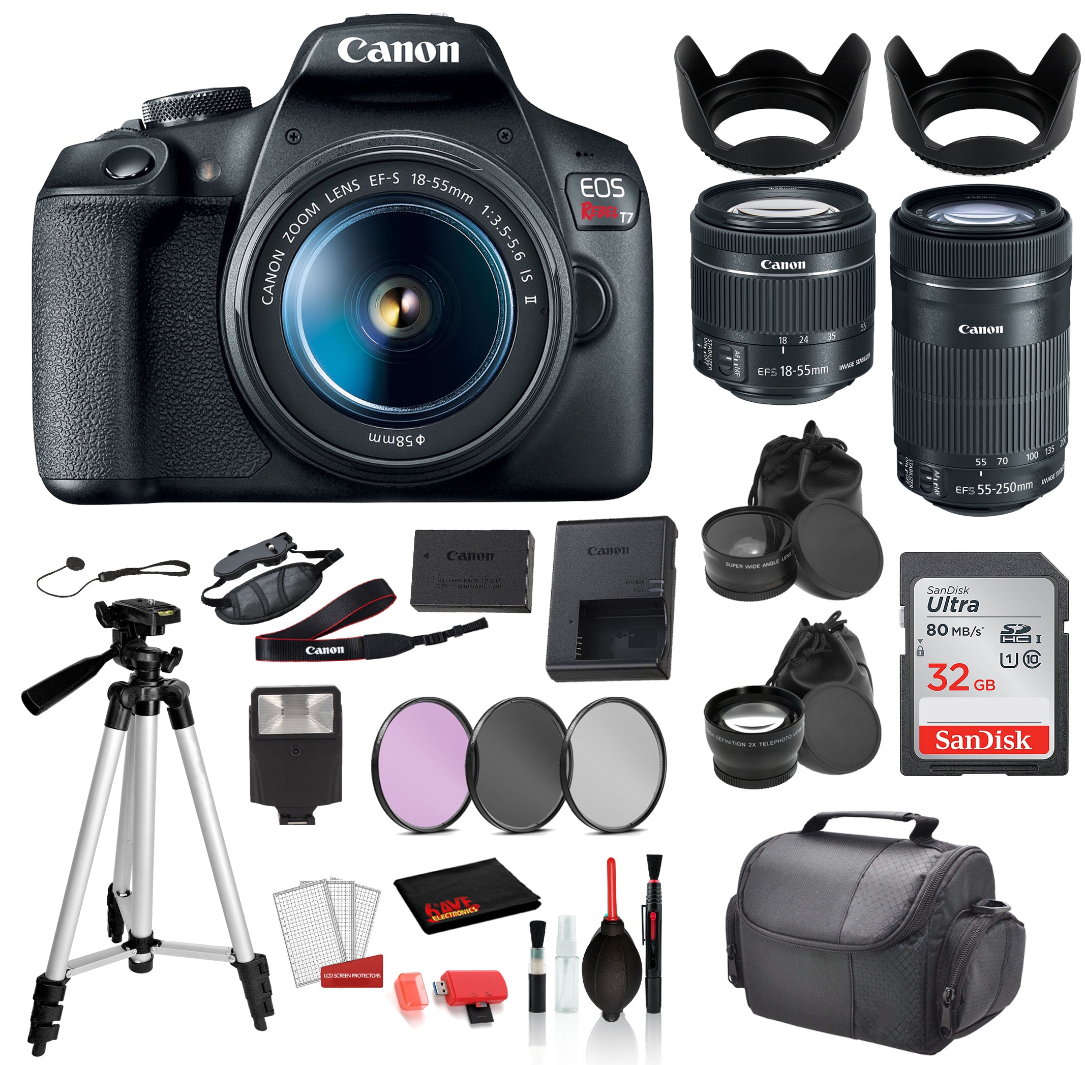 Canon EOS Rebel T7 Digital SLR Camera with 18-55mm Lens and EF-S 55-250mm SanDisk 32gb SD + 3PC Filter  + MORE