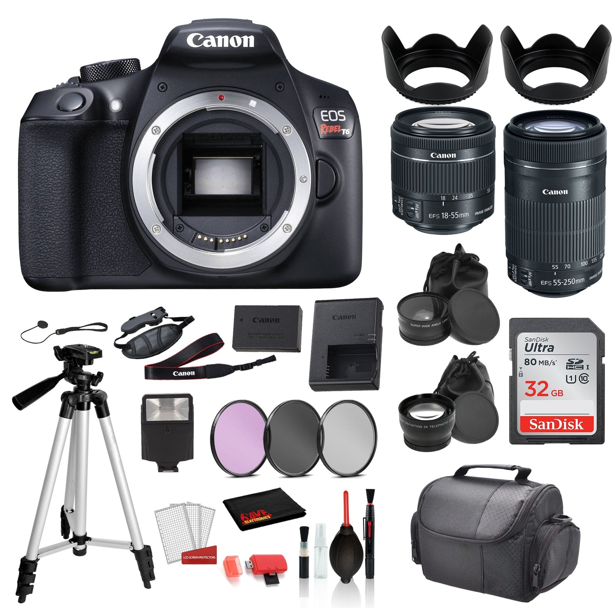 Canon EOS Rebel T6 Digital SLR Camera with 18-55mm Lens and EF-S 55-250mm Lens SanDisk 32gb SD + 3PC Filter Kit + MORE Canon