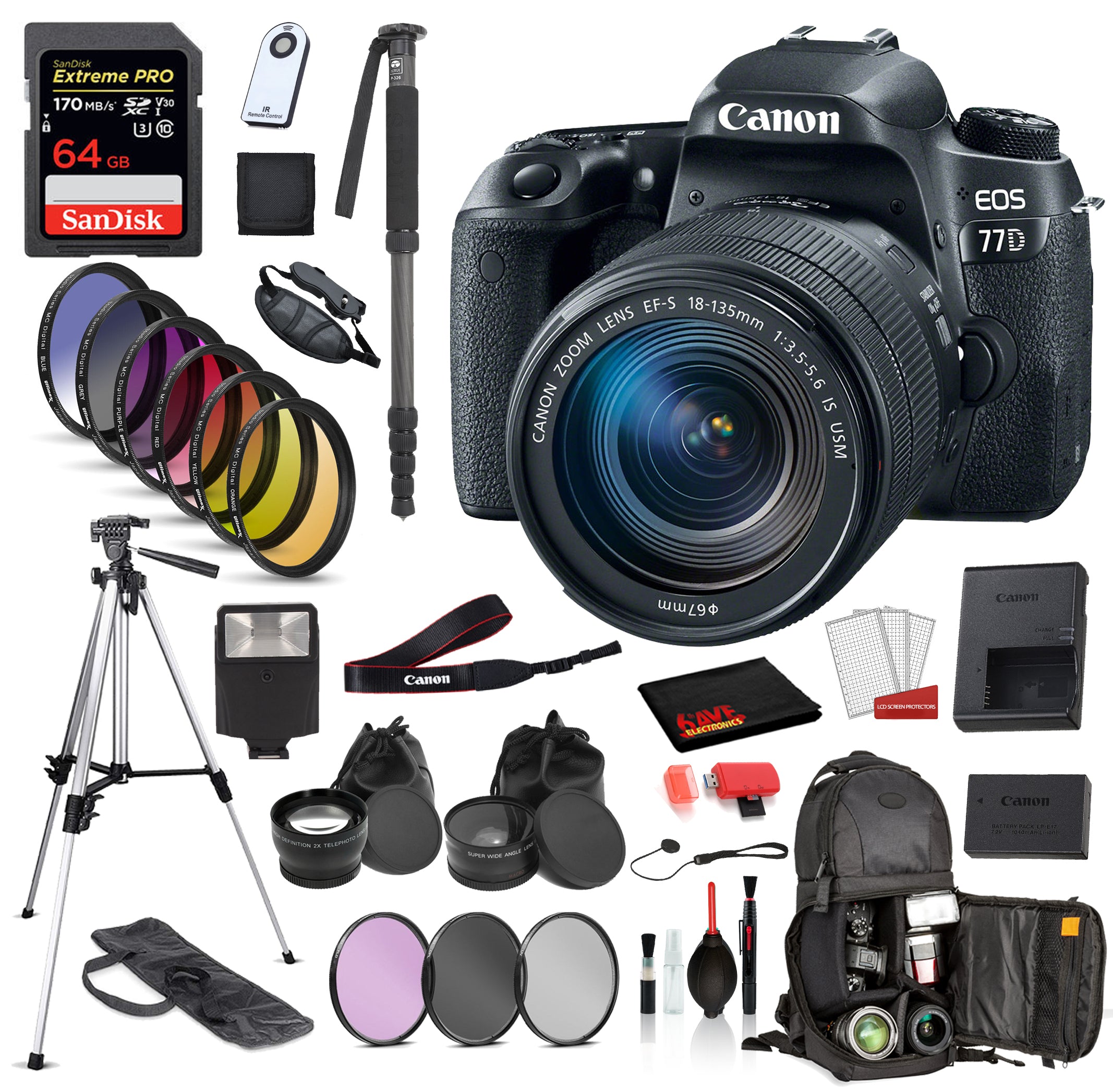 Canon EOS 77D DSLR Camera with 18-135mm Lens  Bundle ?SanDisk Extreme Pro 64gb SD + Sling Backpack + MORE