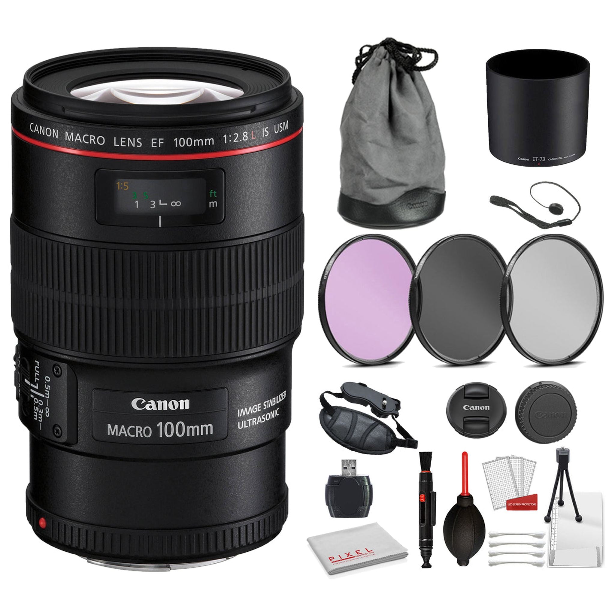 Canon EF 100mm f/2.8L Macro IS USM Lens (3554B002) Bundle  Includes: 3PC Filter Kit, Pro Camera Hand Strap + More