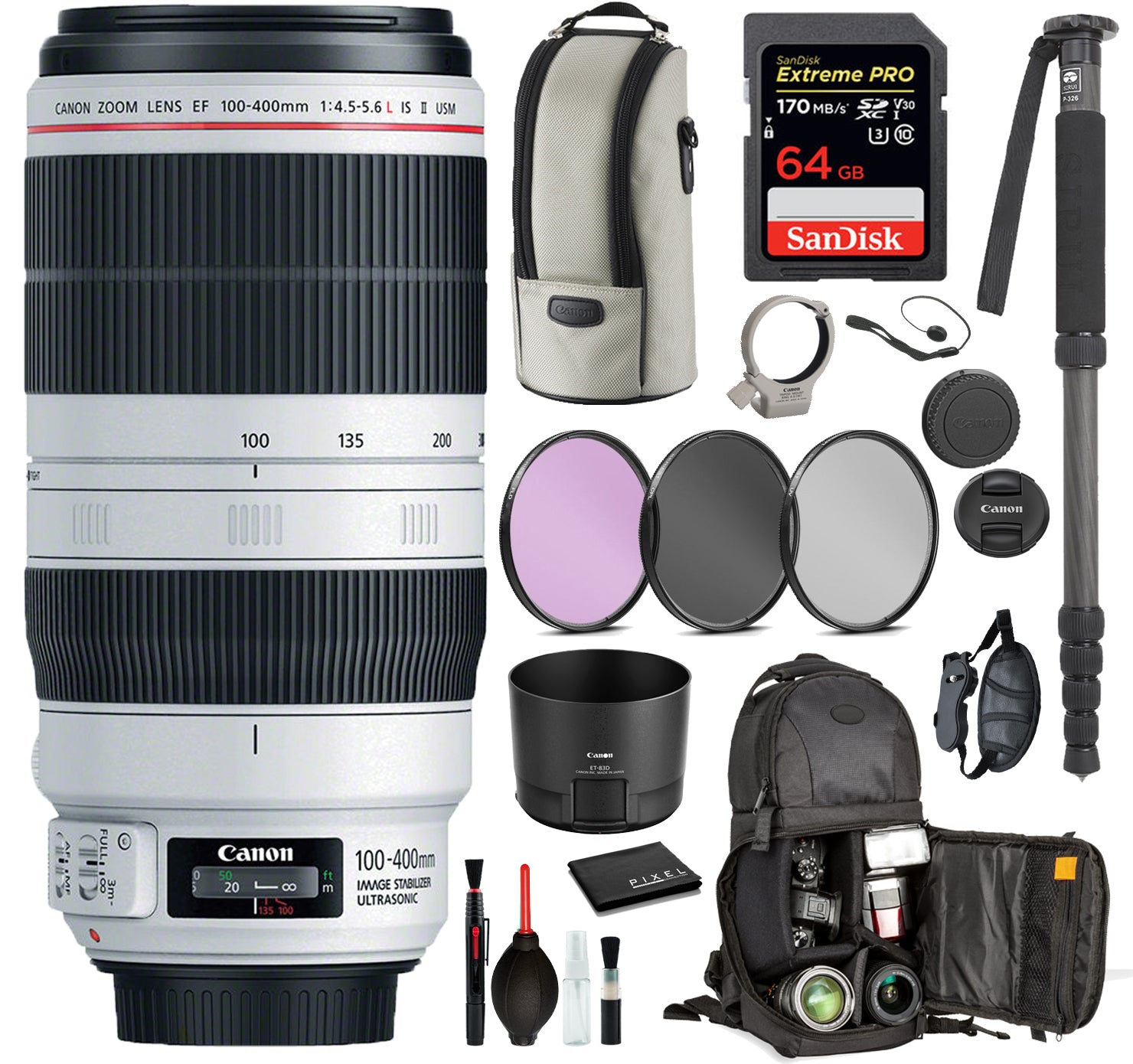 Canon EF 100-400mm f/4.5-5.6L IS II USM Lens 9524B002 Includes: 9PC filter Kit, Sandisk 64GB Extreme SD Card + More