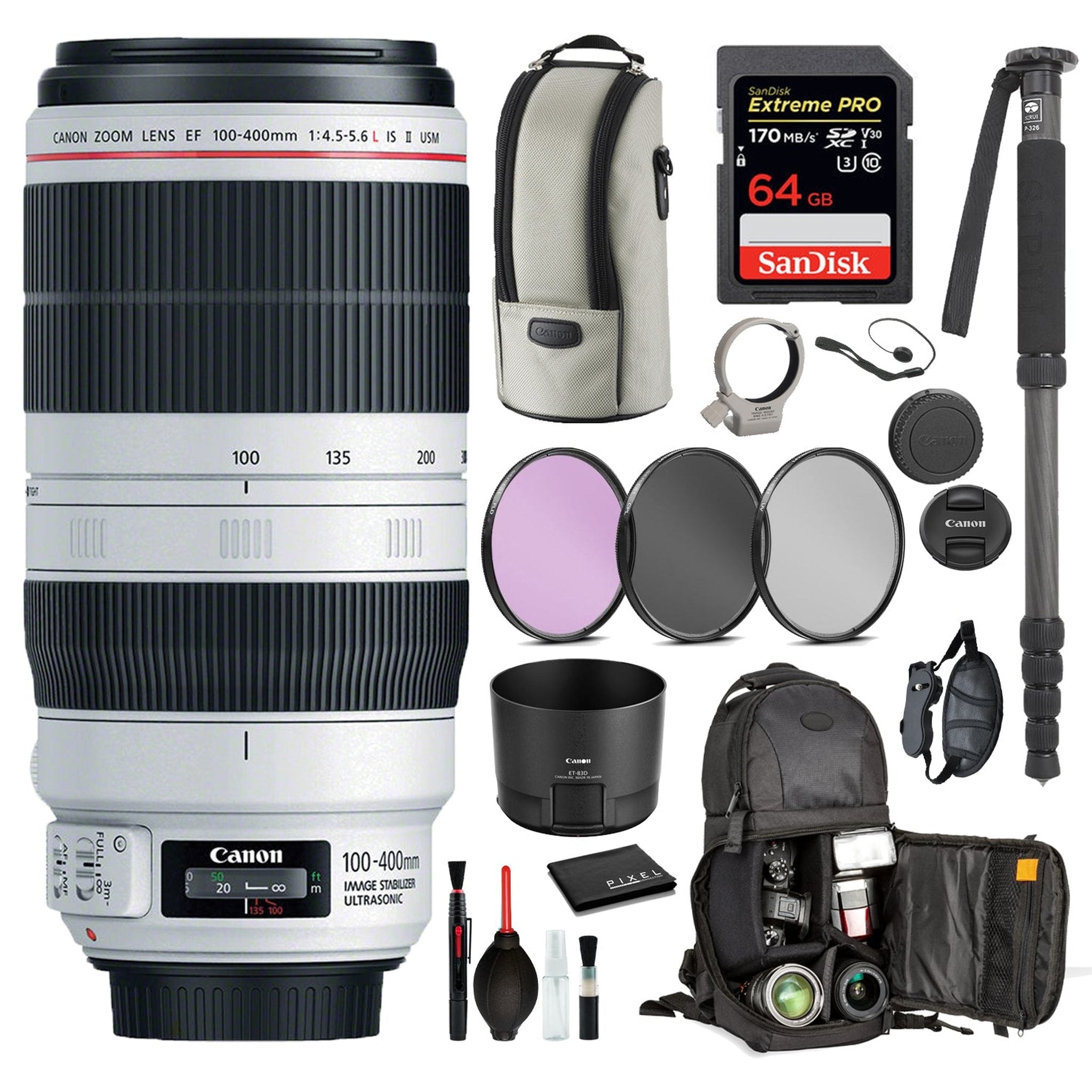 Canon EF 100-400mm f/4.5-5.6L IS II USM Lens 9524B002 Includes: 9PC filter Kit, Sandisk 64GB Extreme SD Card + More