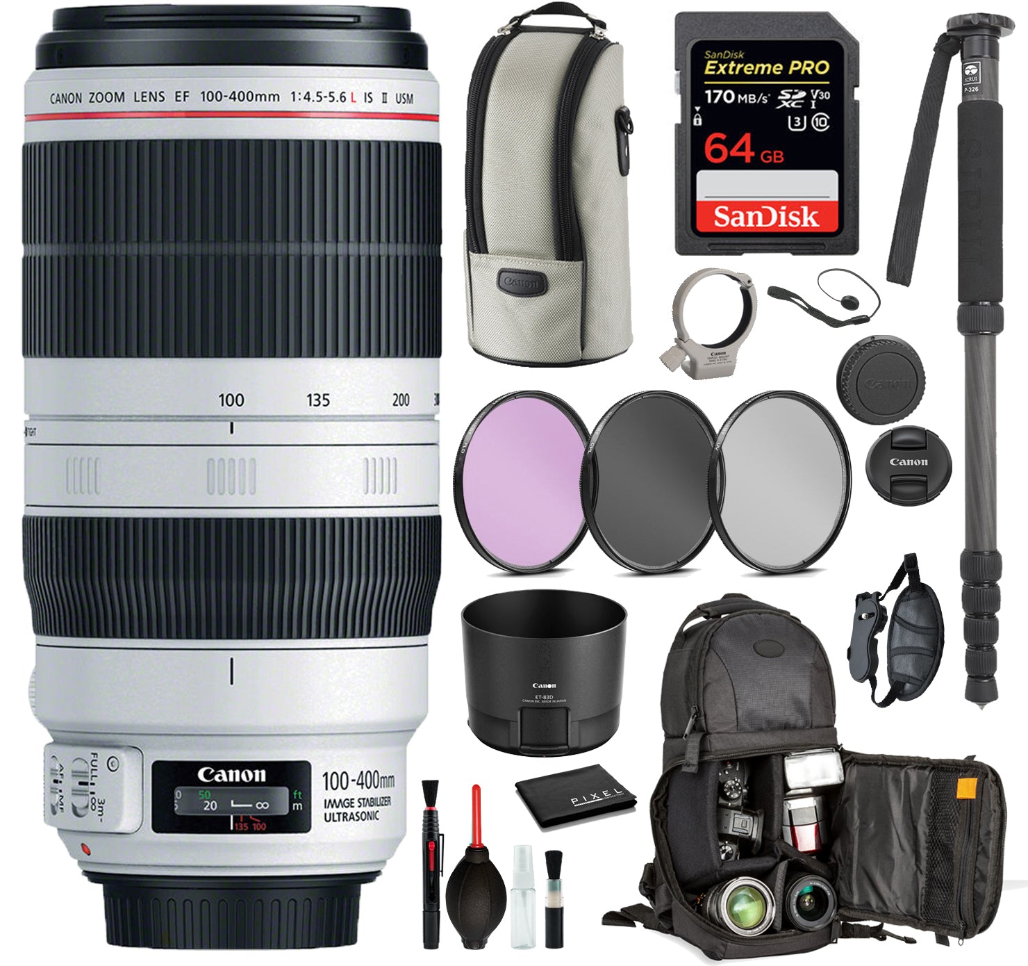 Canon EF 100-400mm f/4.5-5.6L IS II USM Lens  (9524B002)  Includes: 9PC filter Kit, Sandisk 64GB Extreme SD Card + More
