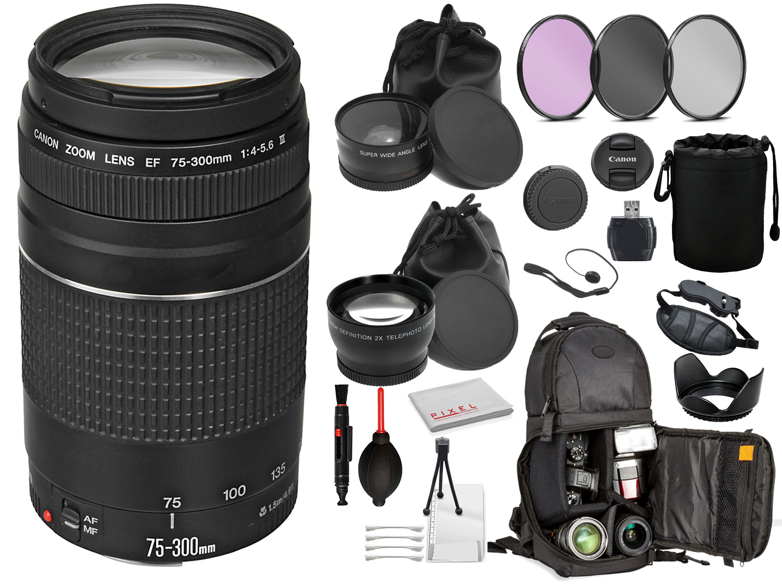 Canon EF 75-300mm f/4-5.6 III Lens (6473A003)  Includes: DSLR Sling Backpack, 3PC filter Kit,  + More
