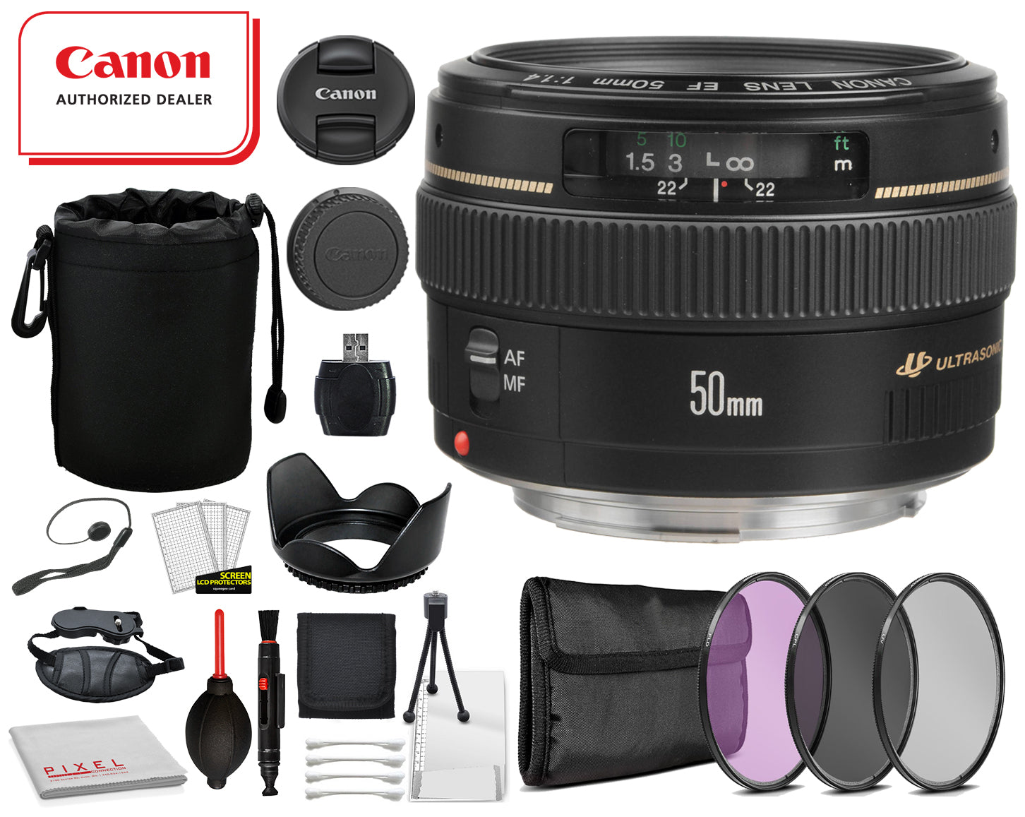 Canon EF 50mm f/1.4 USM Lens  (2515A003) Includes: Tulip Lens Hood, 3PC filter Kit, Lens Pouch + More
