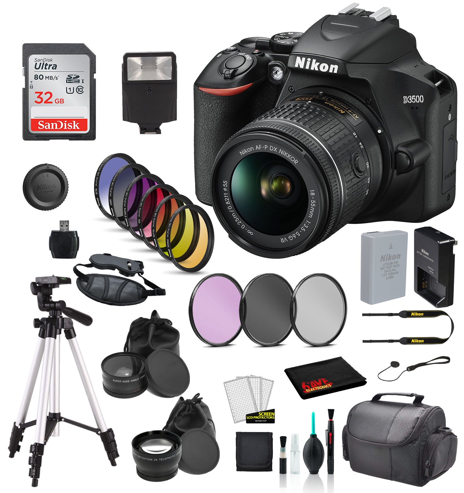 Nikon D3500 DSLR Camera with AF-P 18-55mm VR Lens Bundle SanDisk 32GB SD Card + 9PC Filter + MORE - International