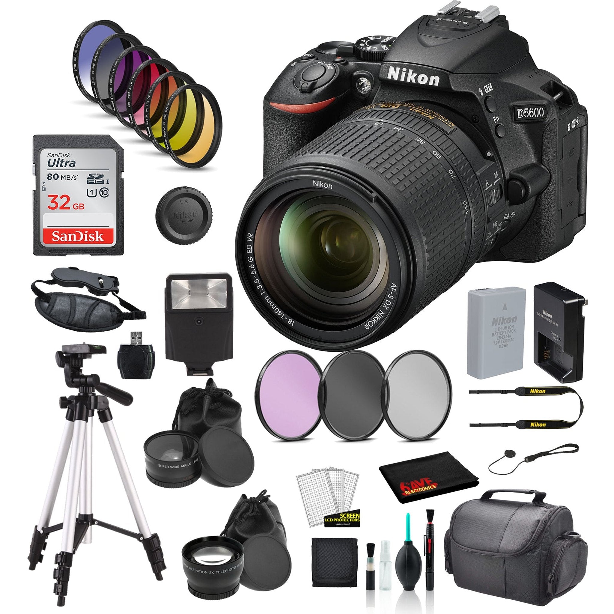 Nikon D5600 DSLR Camera with 18-140mm Lens Bundle Includes SanDisk 32GB SD Card + 9PC Filter + MORE - International
