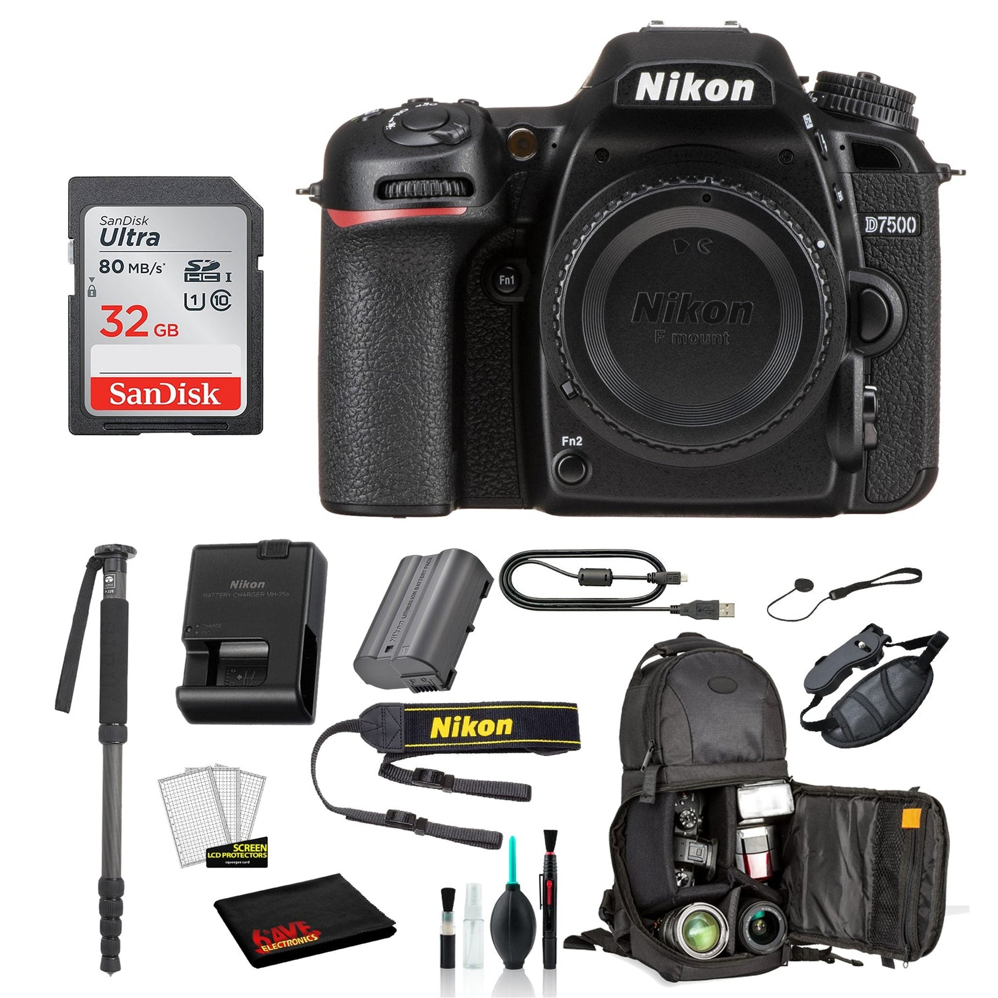 Nikon D7500 DSLR Camera Body Only Bundle – Includes SanDisk 32GB SD Card + Sling Backpack + MORE - International