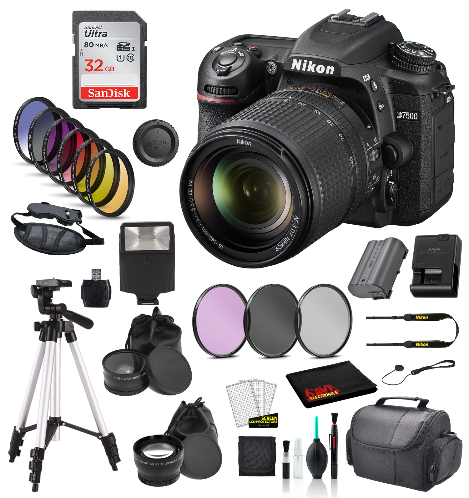 Nikon D7500 DSLR Camera with 18-140mm Lens Bundle   Includes SanDisk 32GB SD Card + 9PC Filter + MORE - International