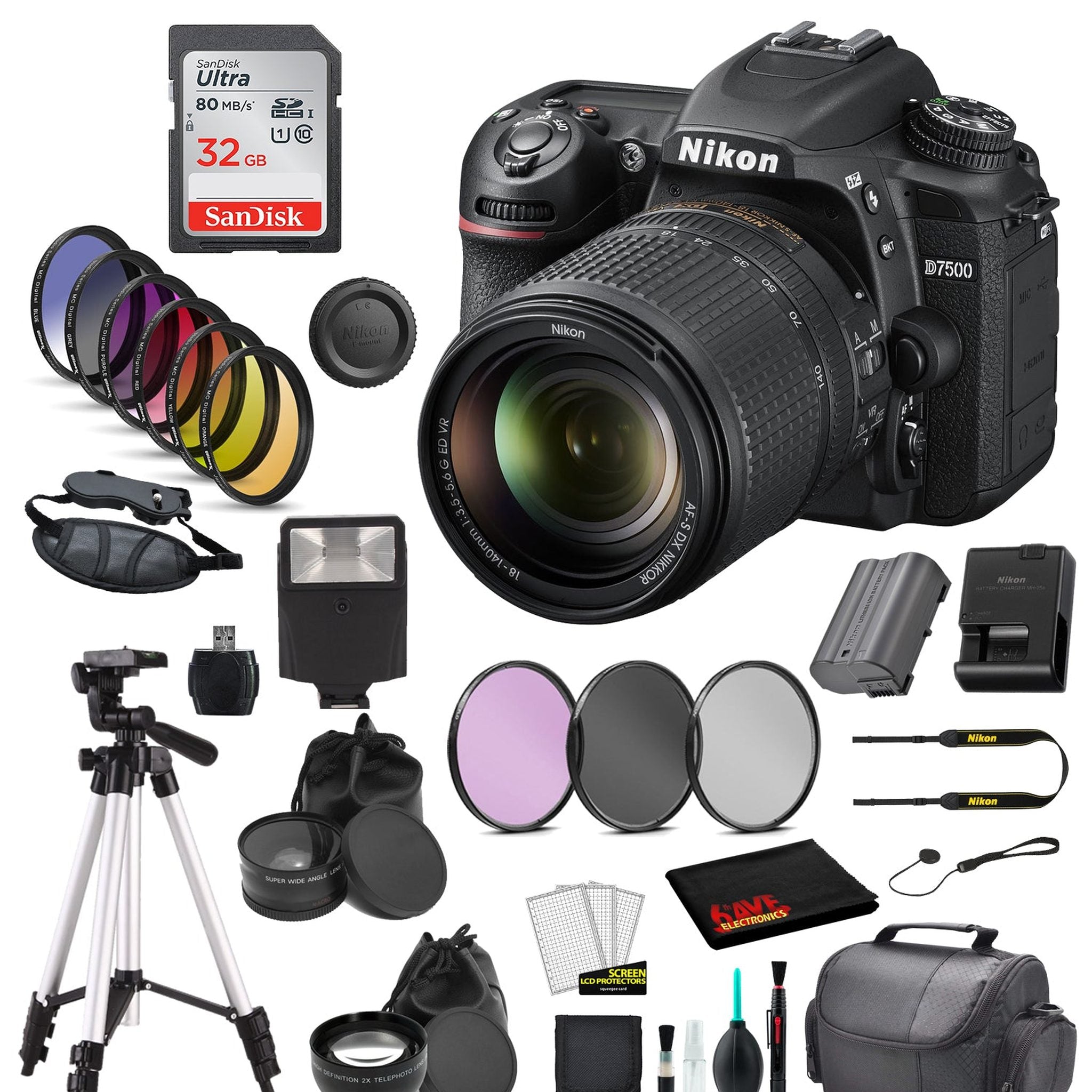 Nikon D7500 DSLR Camera with 18-140mm Lens Bundle Includes SanDisk 32GB SD Card + 9PC Filter + MORE - International