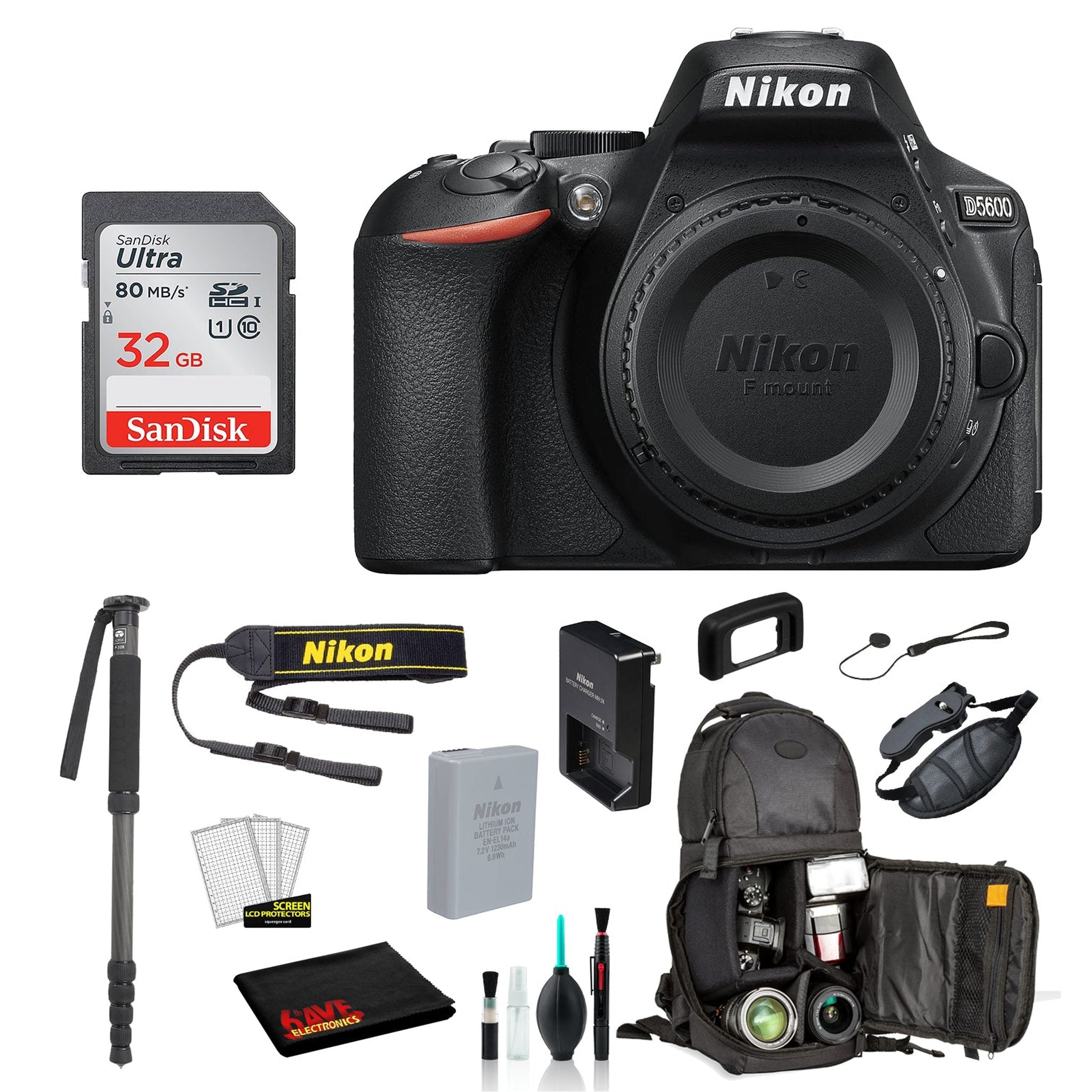 Nikon D5600 DSLR Camera Body Only Bundle – Includes SanDisk32GB SD Card + Sling Backpack + MORE - International Model
