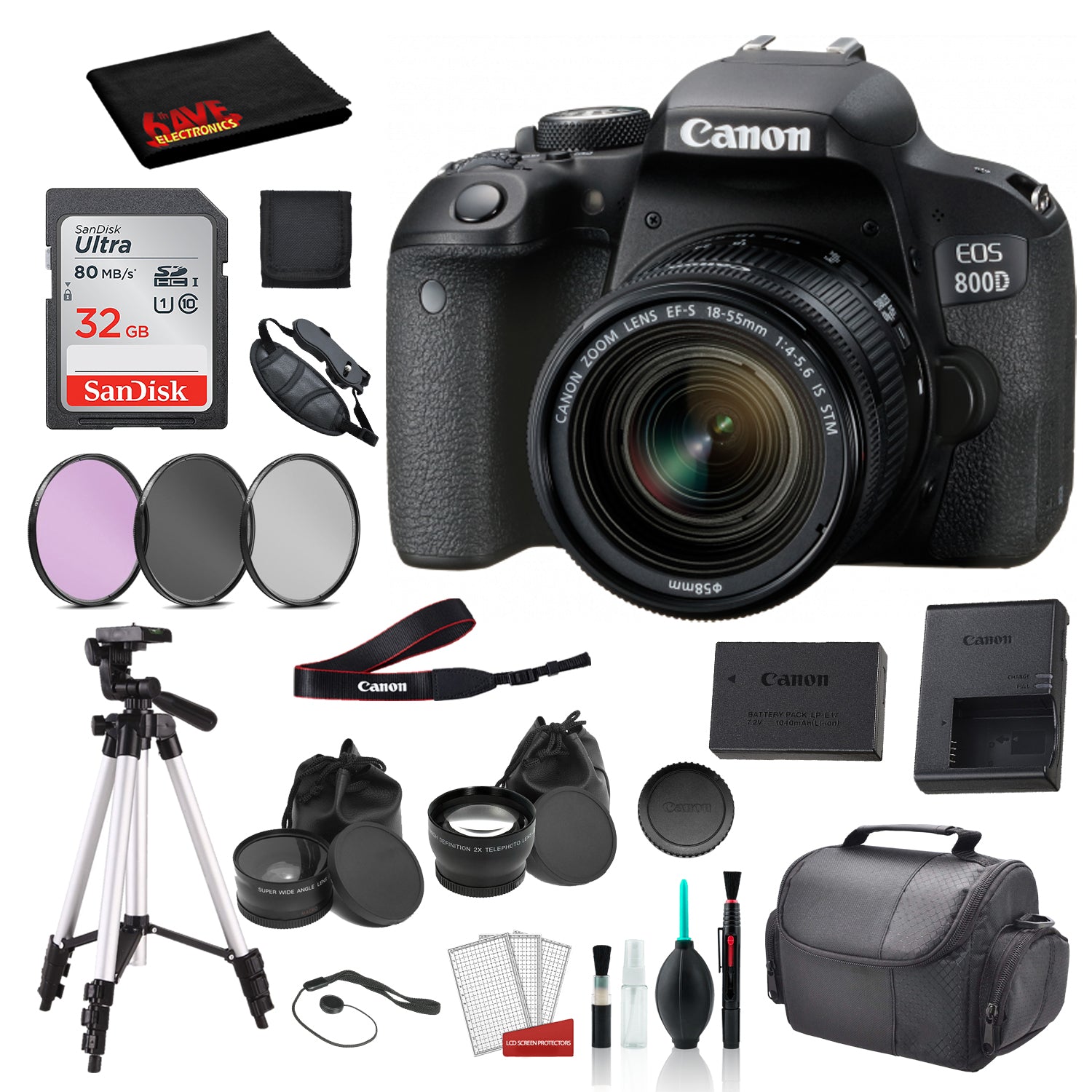 Canon EOS 800D (Rebel T7i) 18-55mm IS STM Lens  Bundle �SanDisk 32gb SD Card + 3PC Filter Kit + MORE - International