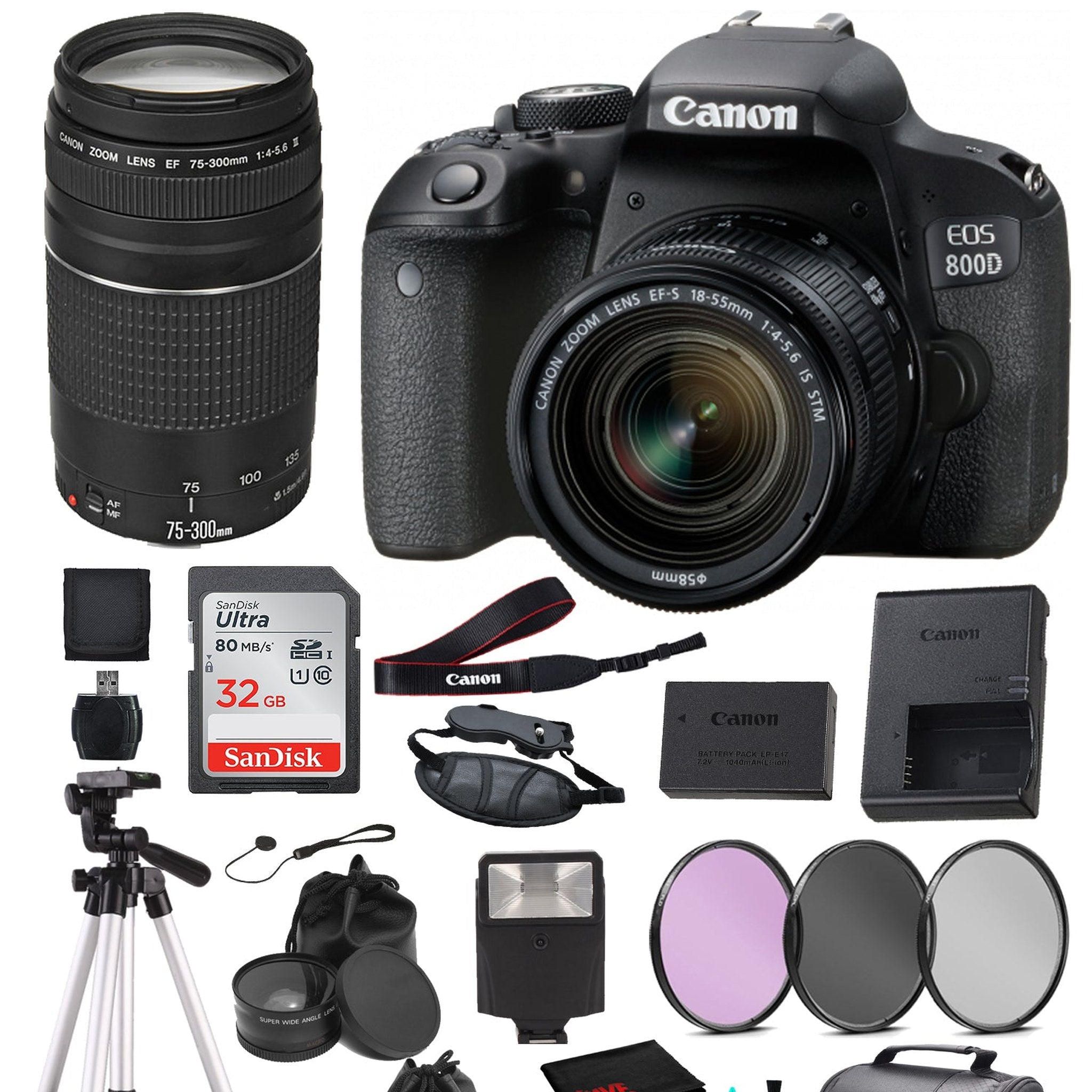 Canon EOS 800D Rebel T7i 18-55mm IS STM and EF 73-300mm Lens Bundle �SanDisk 32gb + Filters + MORE - International Canon