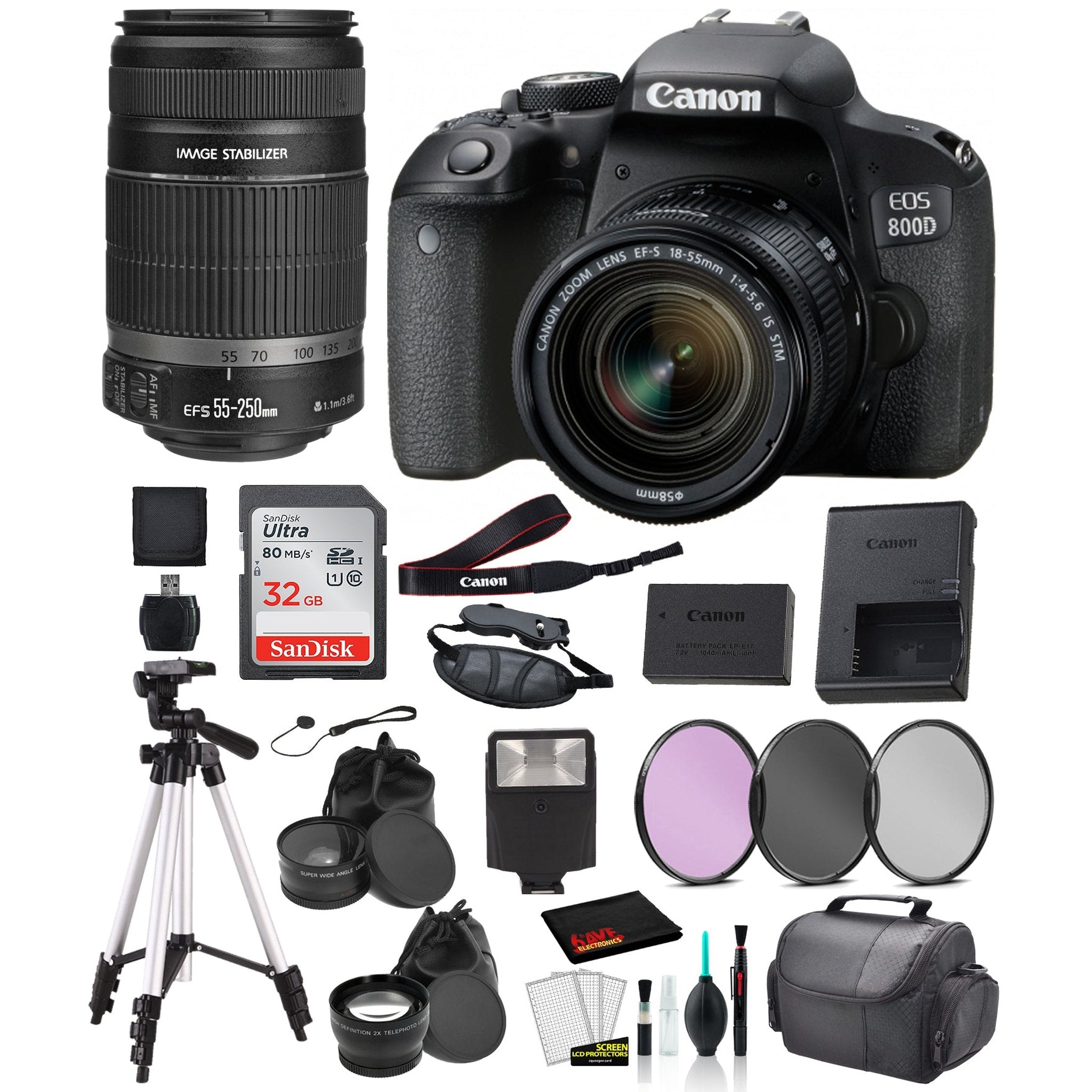 Canon EOS 800D 250mm Rebel T7i 18-55mm IS STM and EF-S 55-Lens Bundle SanDisk 32gb + Filters + MORE - International CANON