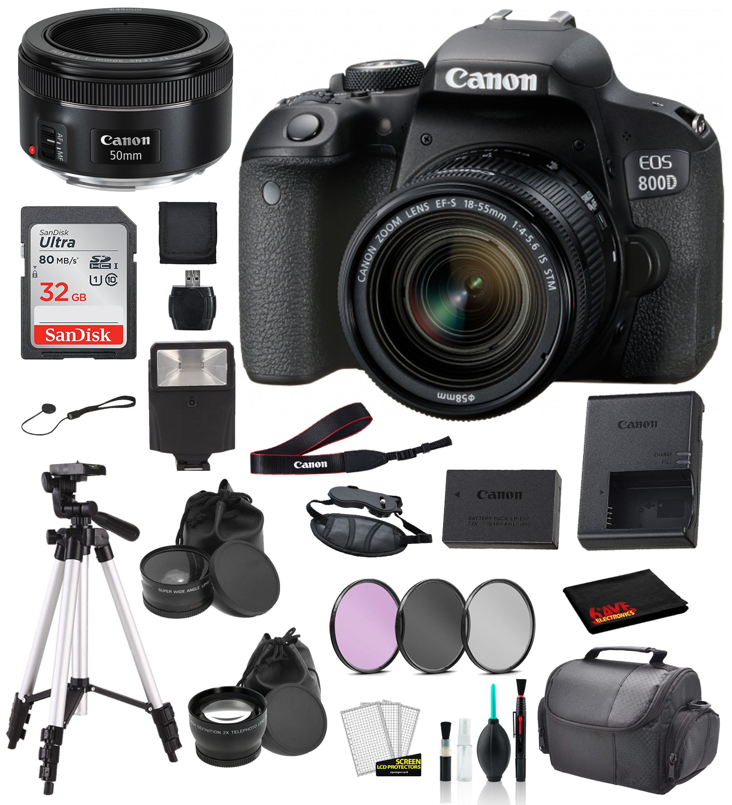 Canon EOS 800D (Rebel T7i) 18-55mm IS STM and EF 50mm f/1.8 STM Lens Bundle �SanDisk 32gb  + Filters + - International